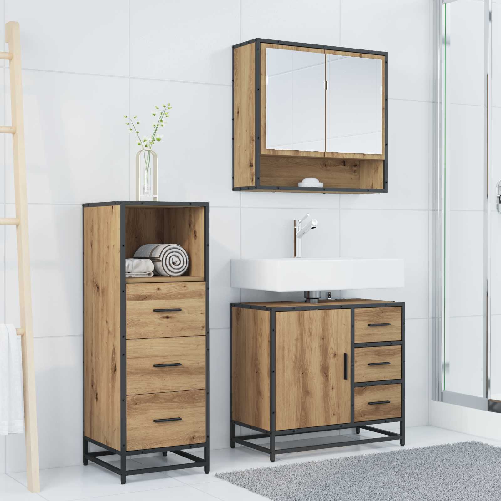 Juego de muebles de baño con cajón 3 pcs Roble artesanal