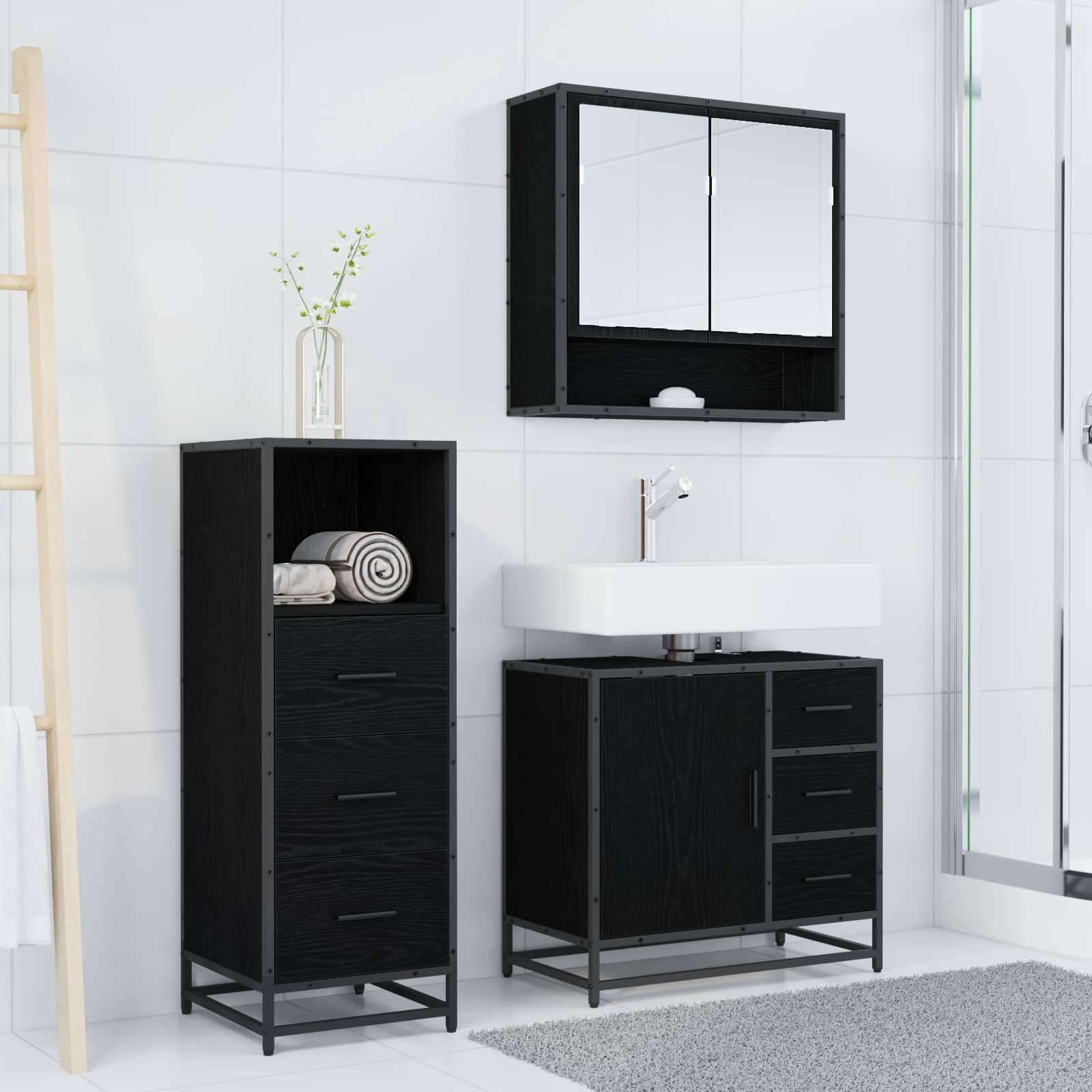Juego de muebles de baño 3 pcs Roble Negro Madera contrachapada