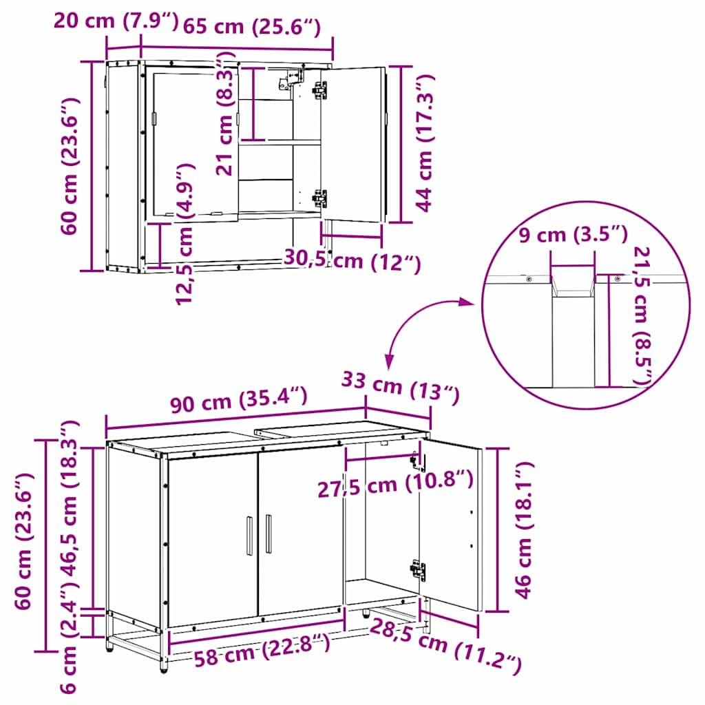 Juego de muebles de baño 4 pcs Roble Negro Madera contrachapada
