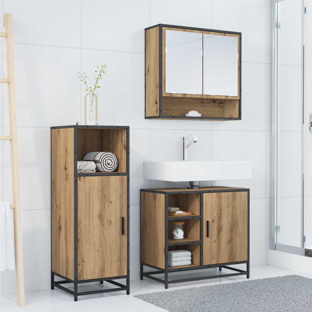 Juego de muebles de baño con estante 3 pcs Roble artesanal