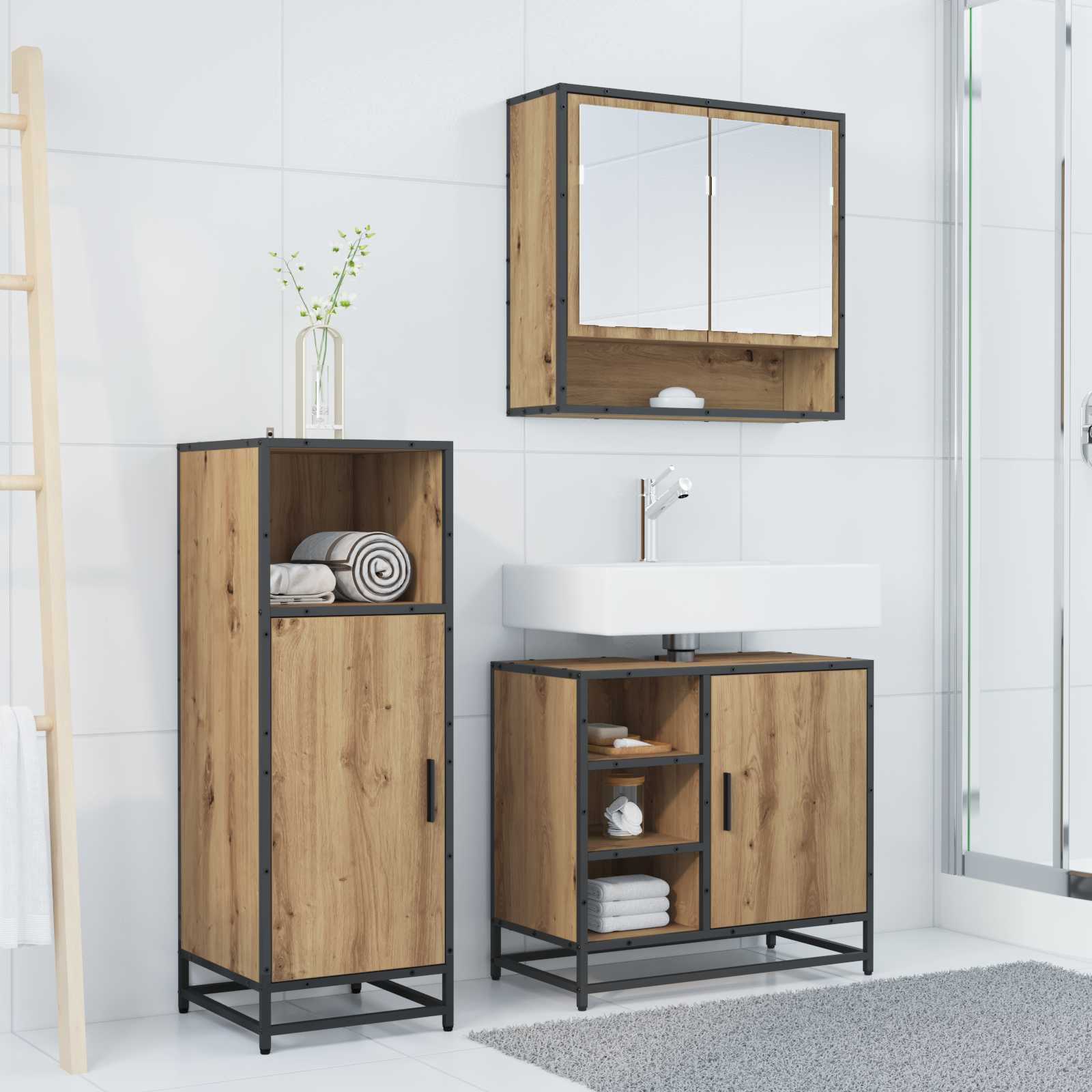 Juego de muebles de baño con estante 3 pcs Roble artesanal
