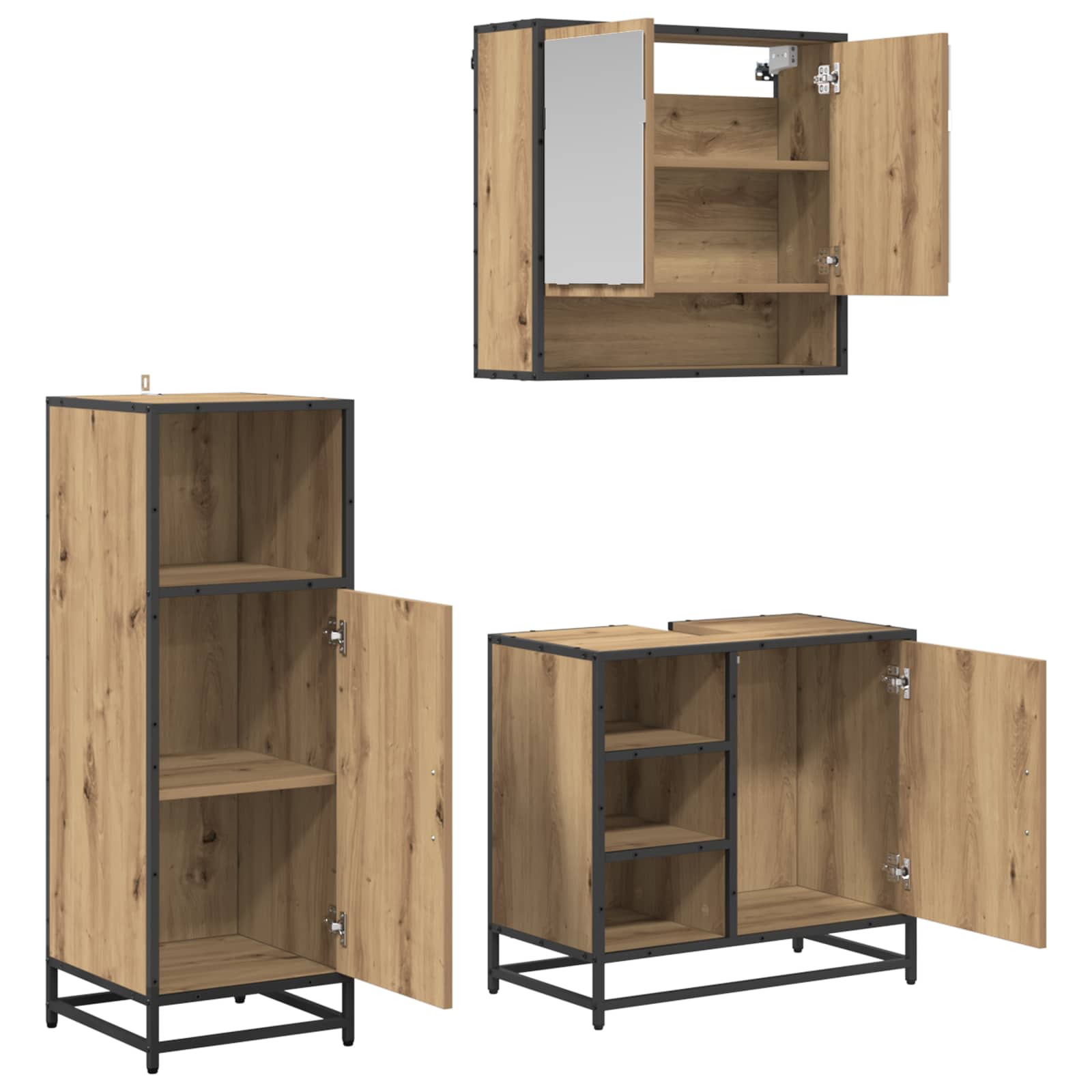 Juego de muebles de baño con estante 3 pcs Roble artesanal