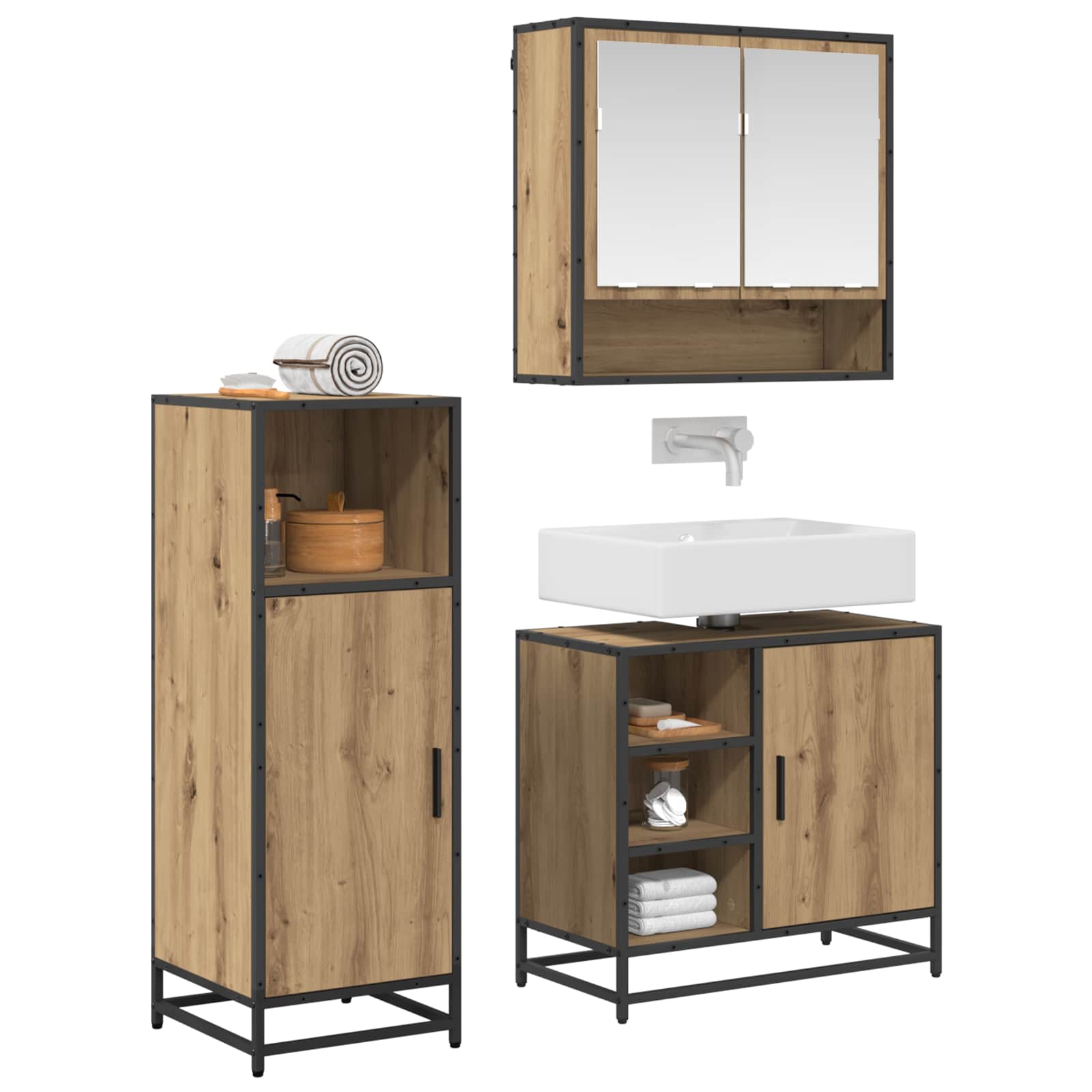 Juego de muebles de baño con estante 3 pcs Roble artesanal