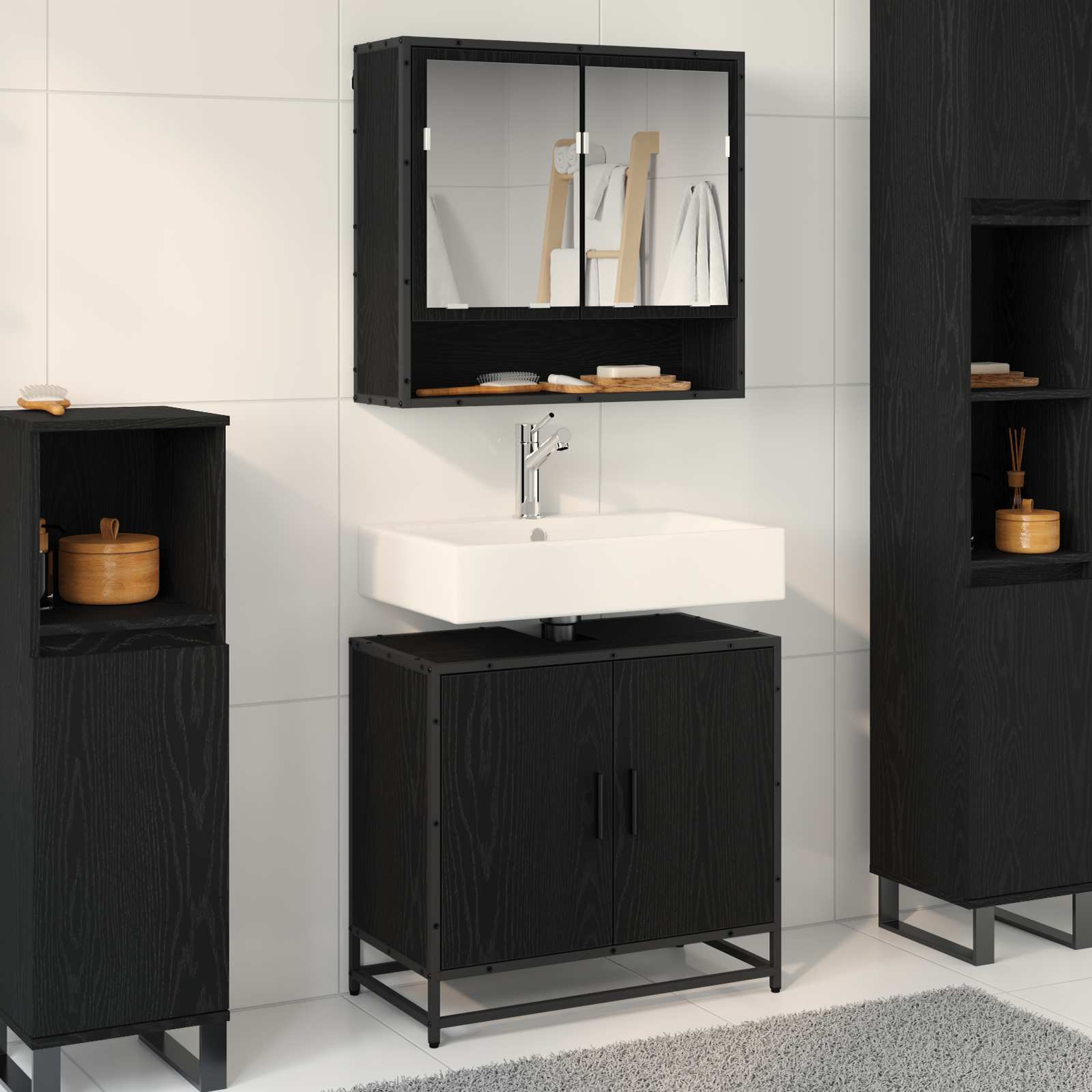 Juego de muebles de baño 2 pcs Roble Negro Madera contrachapada