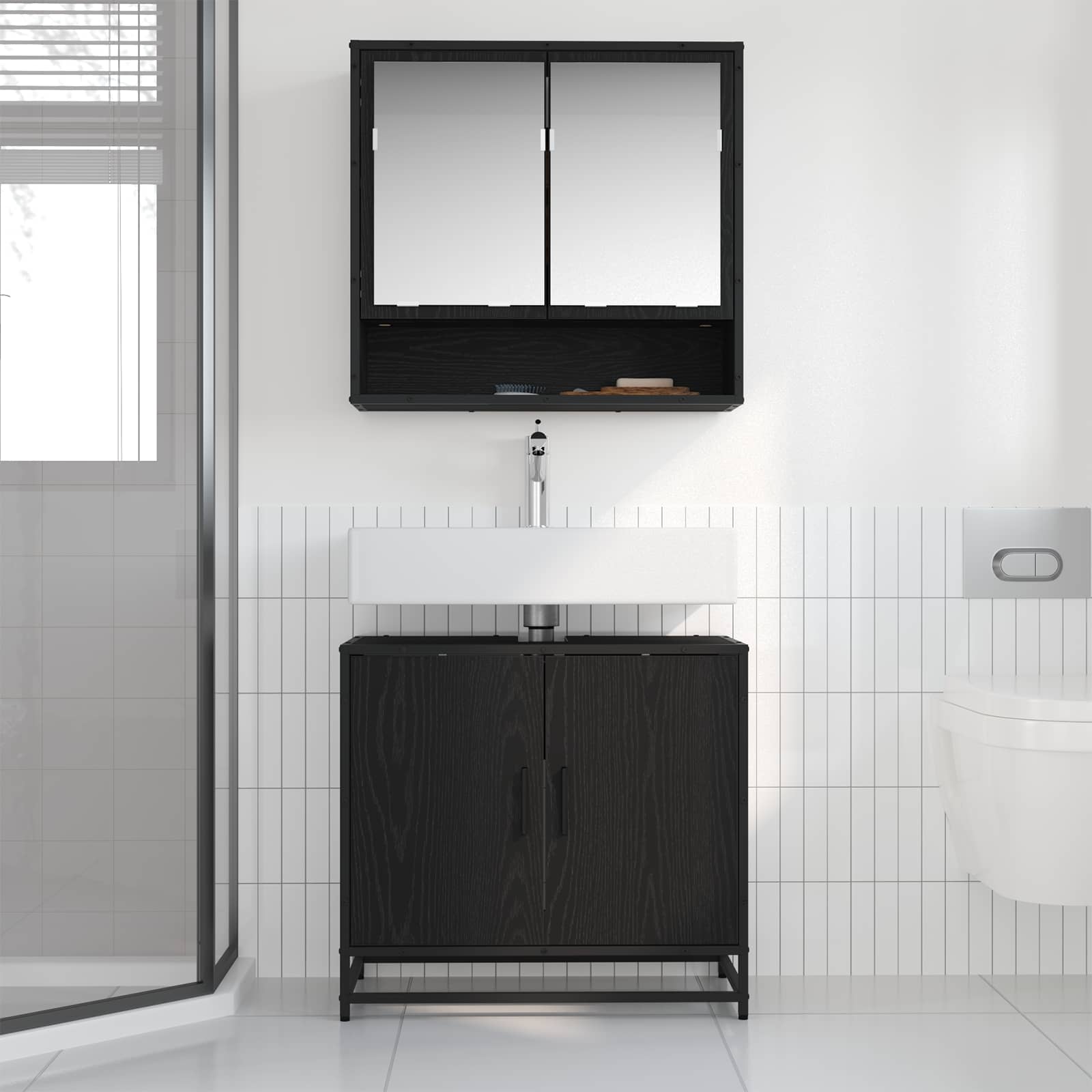 Juego de muebles de baño 2 pcs Roble Negro Madera contrachapada