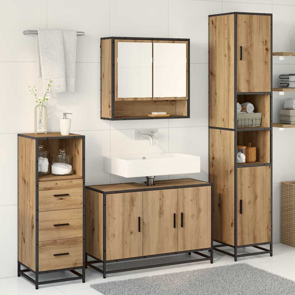Juego de muebles de baño con estante 3 pcs Roble artesanal