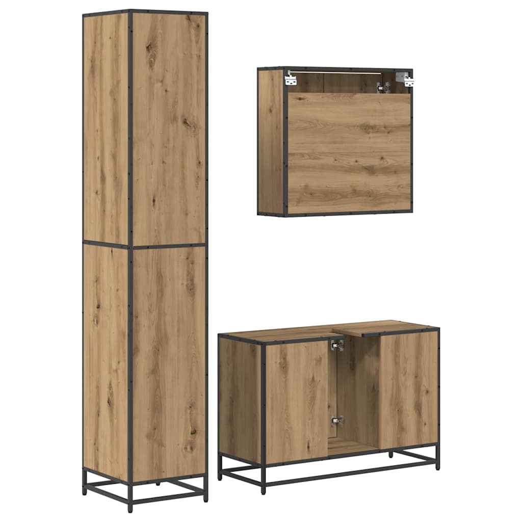 Juego de muebles de baño con estante 3 pcs Roble artesanal
