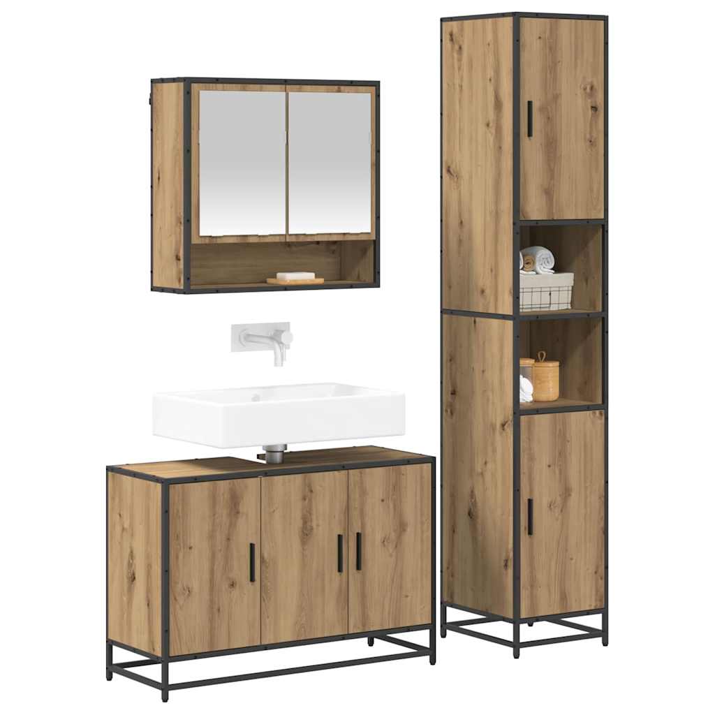 Juego de muebles de baño con estante 3 pcs Roble artesanal