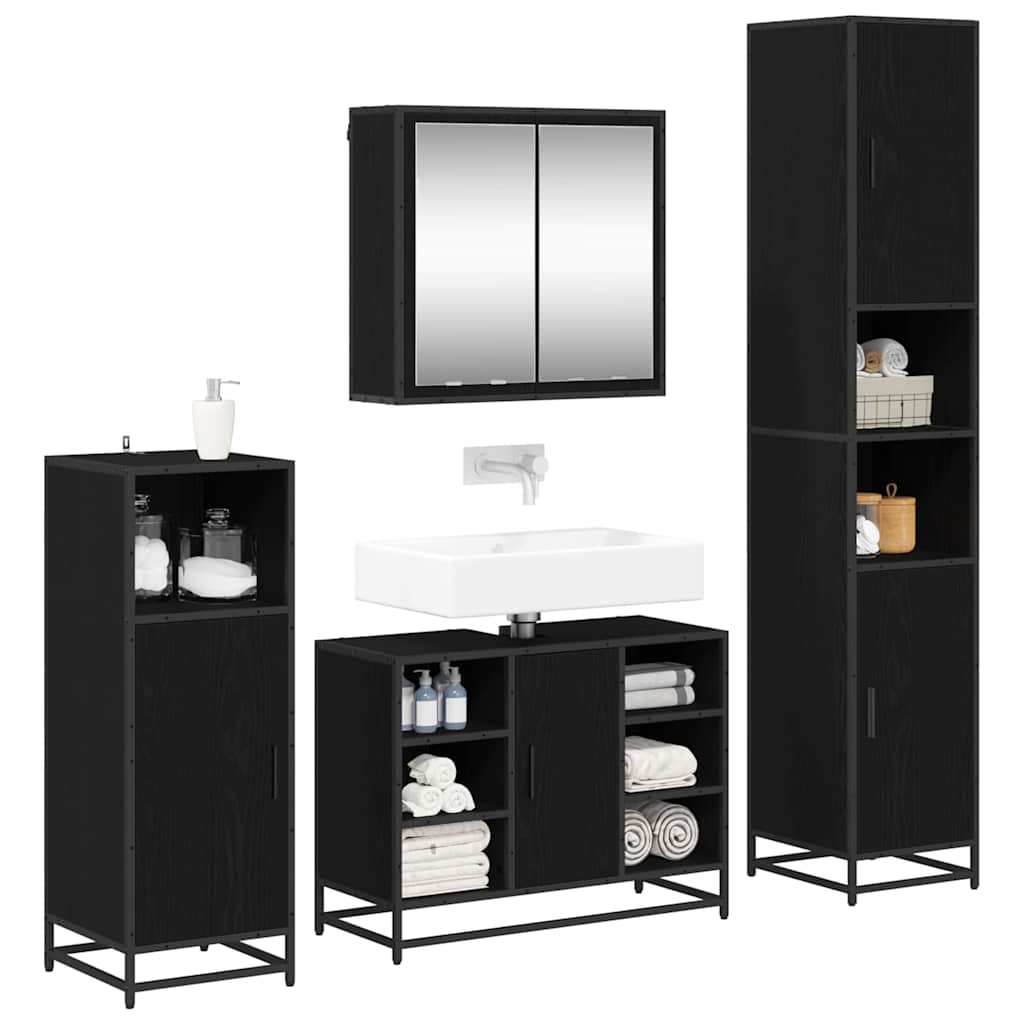 Juego de muebles de baño 4 pcs Roble Negro Madera de ingeniería