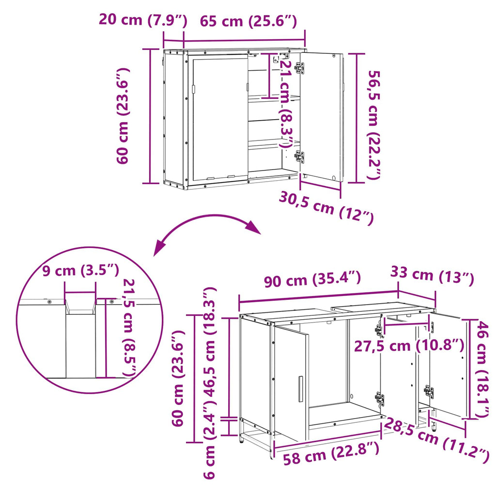 Juego de muebles de baño 2 pcs Roble Negro Madera contrachapada
