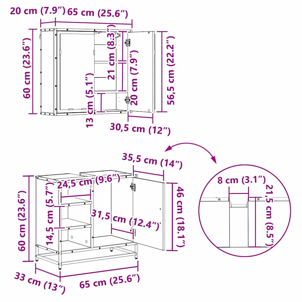 Juego de muebles de baño 3 pcs Roble Negro Madera contrachapada