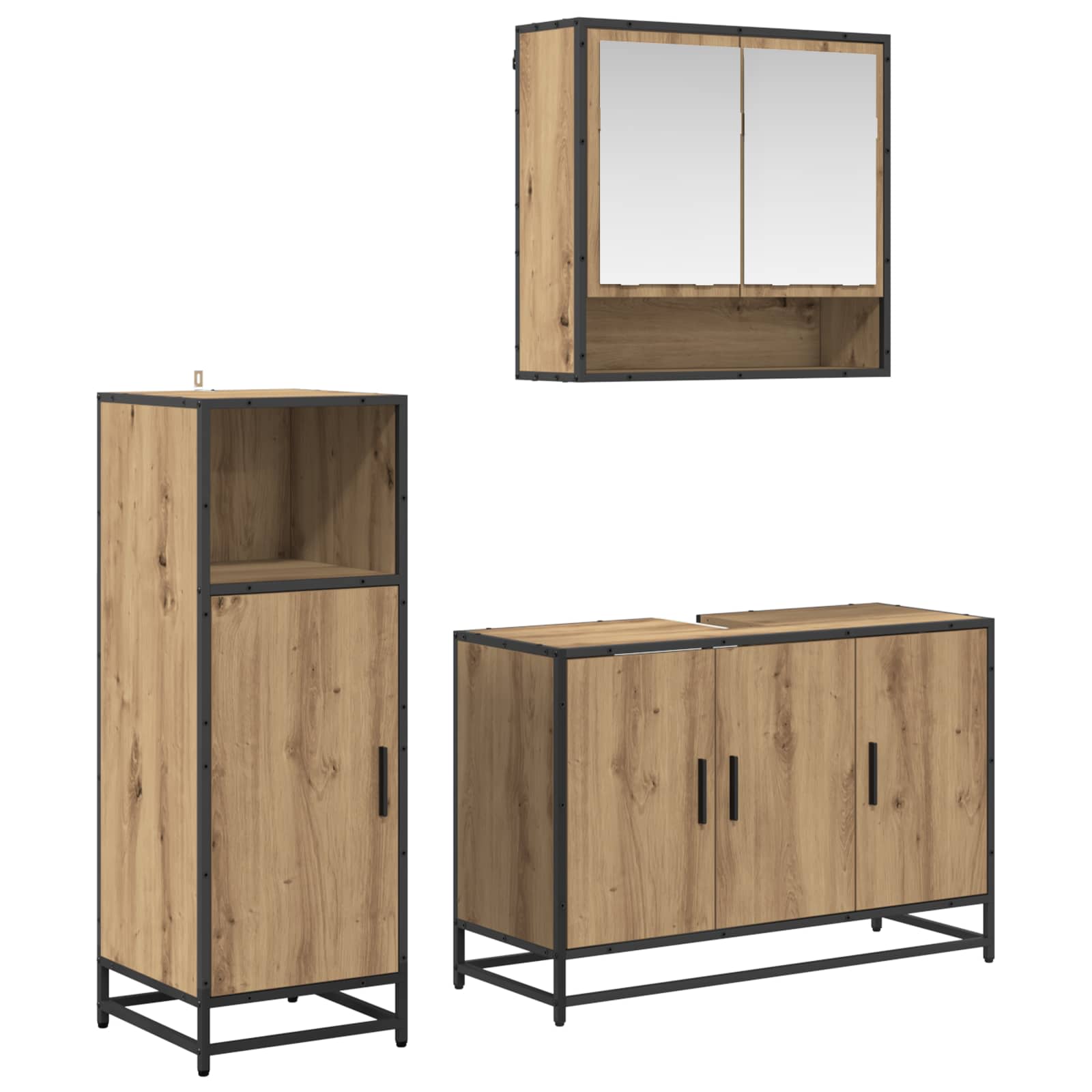 Juego de muebles de baño con estante 3 pcs Roble artesanal