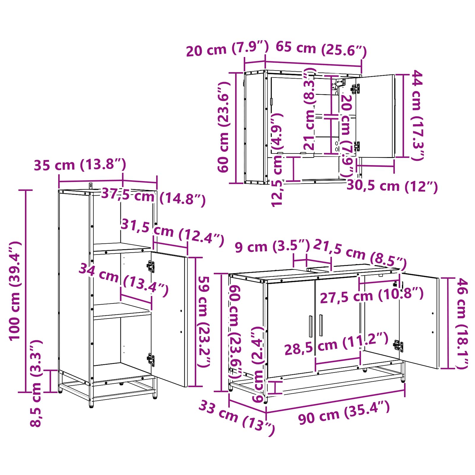 Juego de muebles de baño con estante 3 pcs Roble artesanal