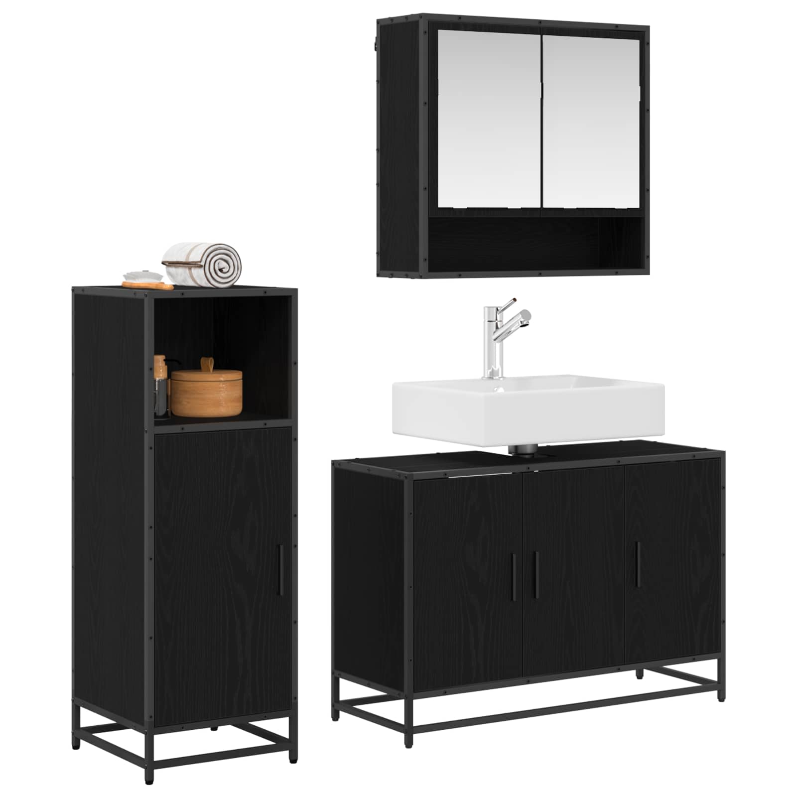 Juego de muebles de baño 3 pcs Roble Negro Madera de ingeniería