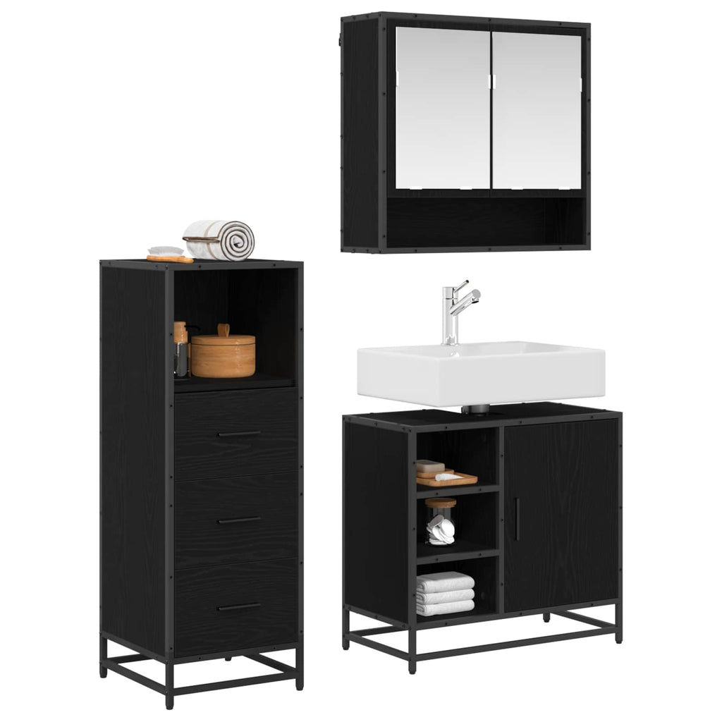 Juego de muebles de baño 3 pcs Roble Negro Madera contrachapada
