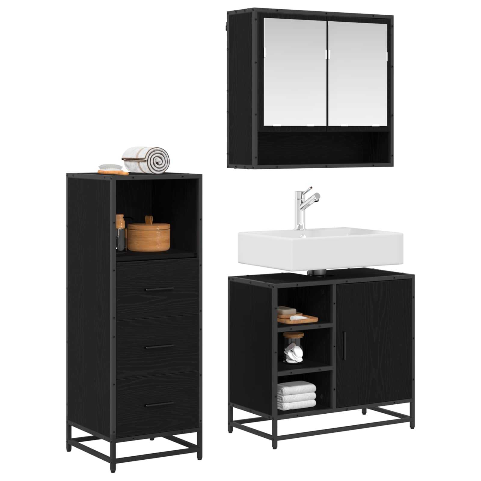 Juego de muebles de baño 3 pcs Roble Negro Madera contrachapada