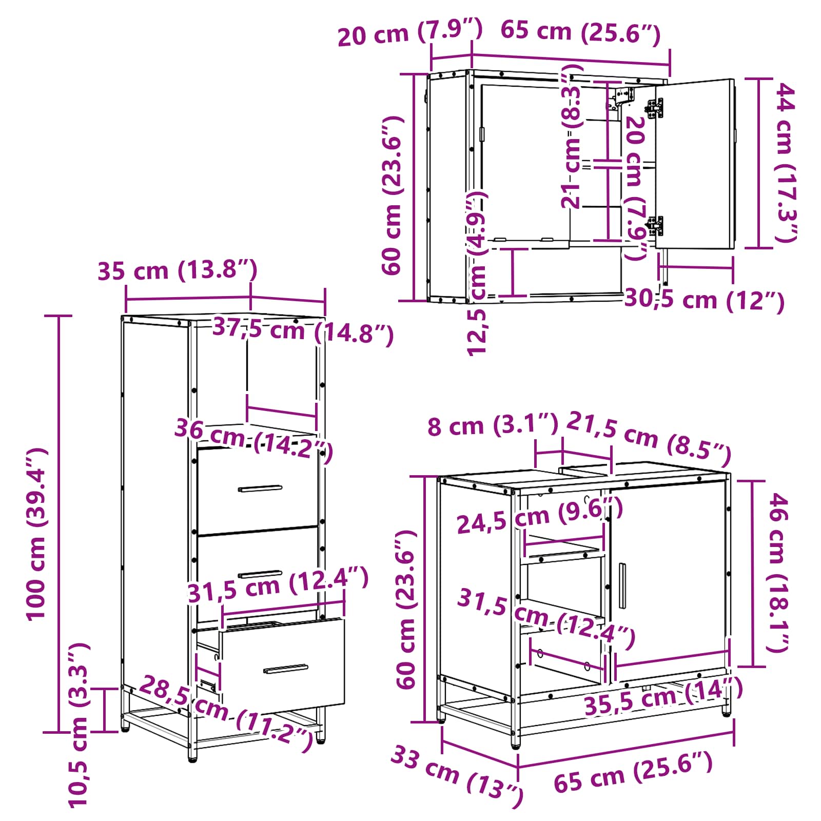 Juego de muebles de baño 3 pcs Roble Negro Madera contrachapada