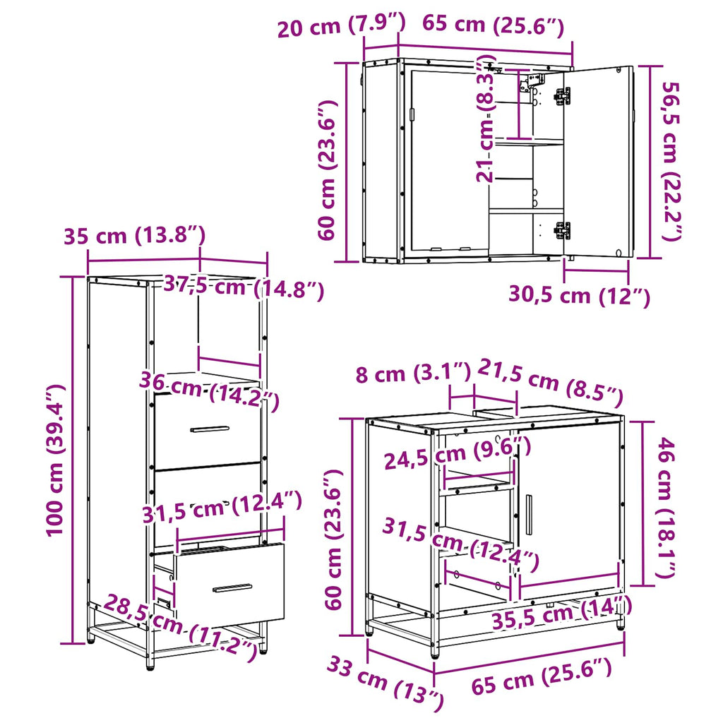 Juego de muebles de baño 3 pcs Roble Negro Madera contrachapada