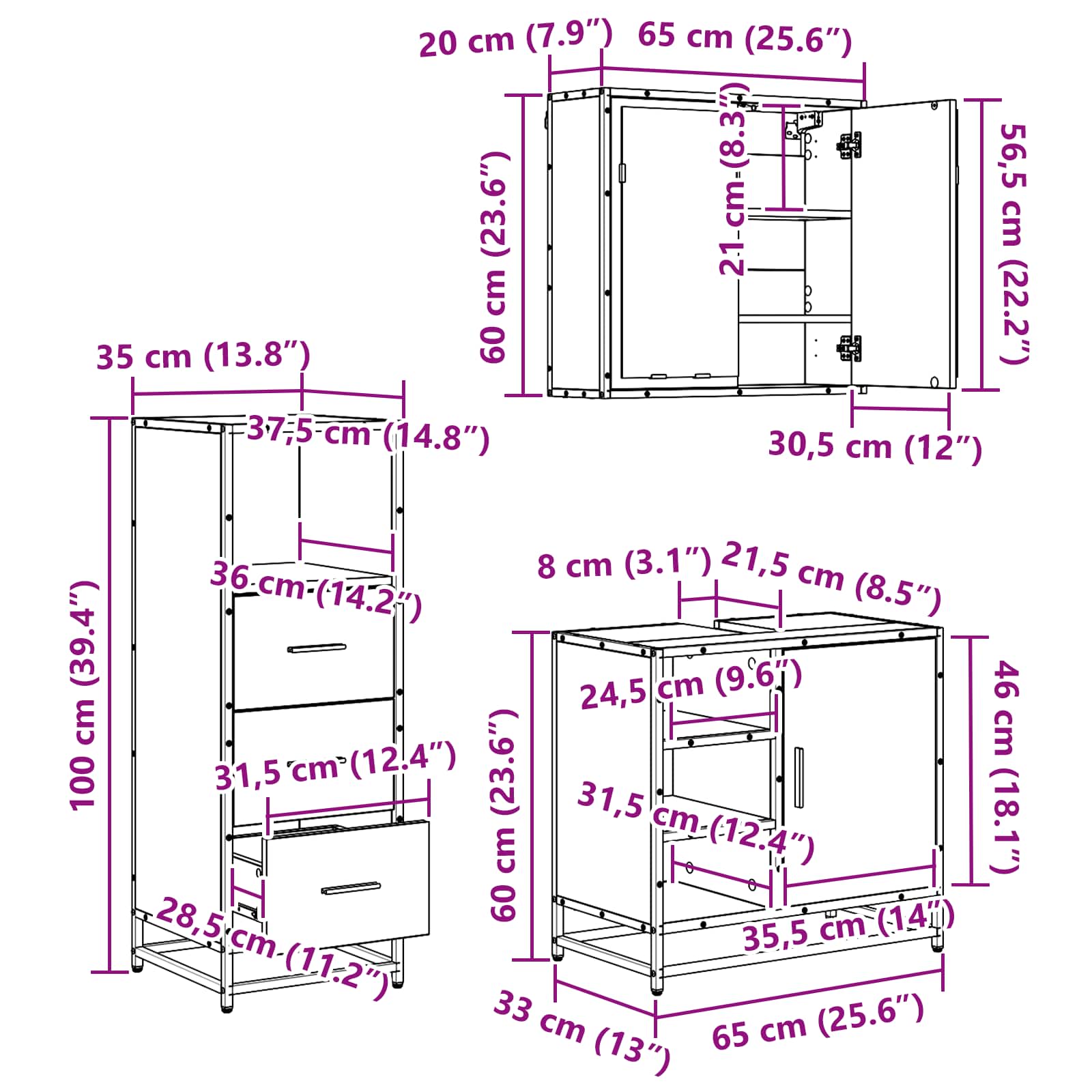 Juego de muebles de baño 3 pcs Roble Negro Madera contrachapada