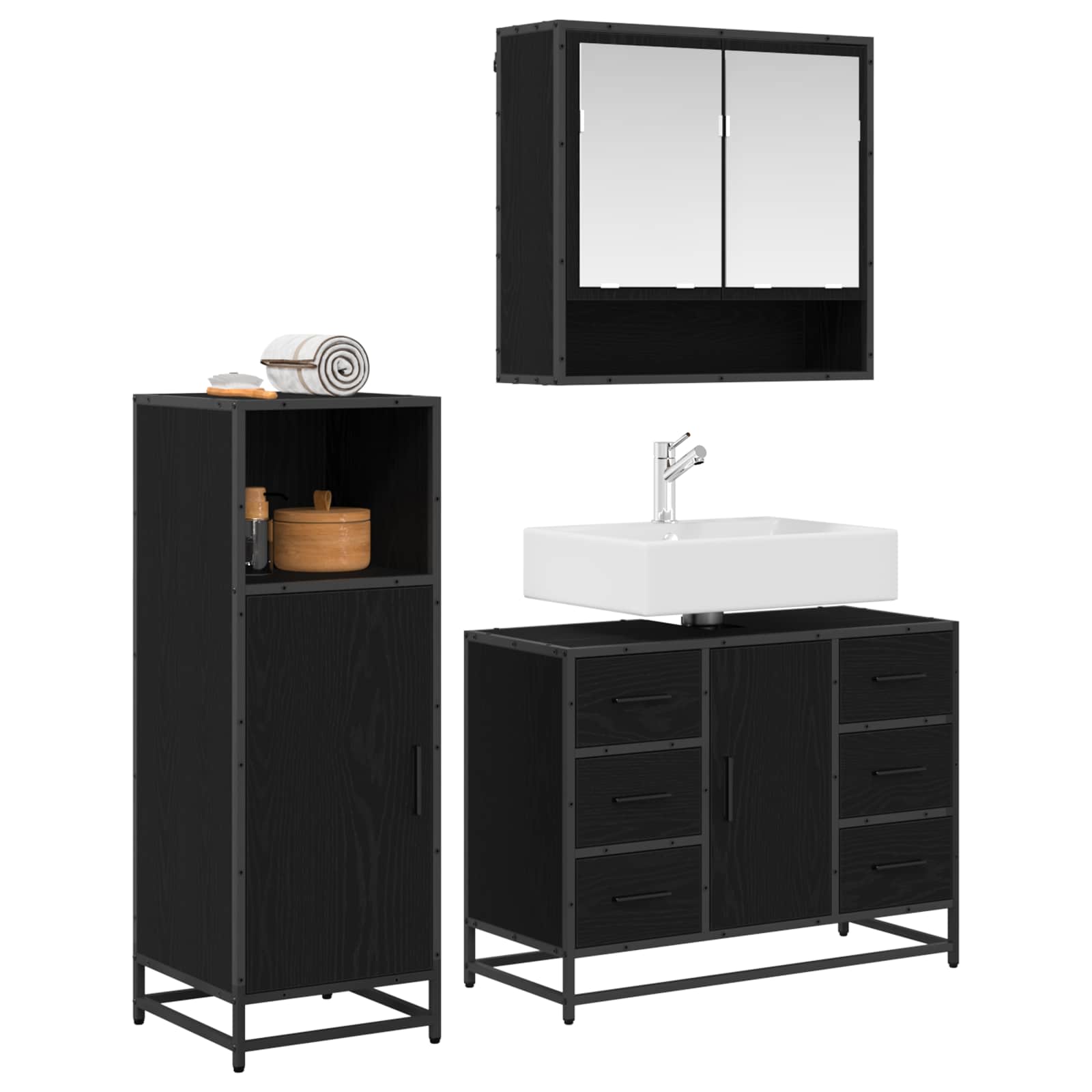 Juego de muebles de baño 3 pcs Roble Negro Madera contrachapada
