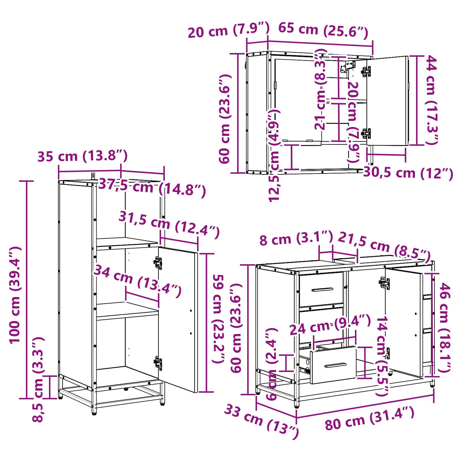 Juego de muebles de baño 3 pcs Roble Negro Madera contrachapada