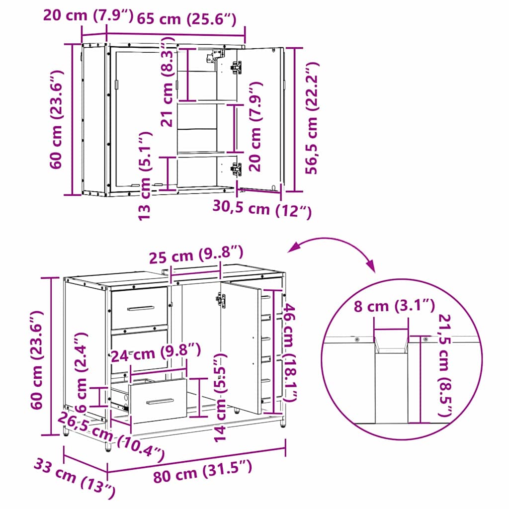 Juego de muebles de baño con cajón 3 pcs Madera Vieja