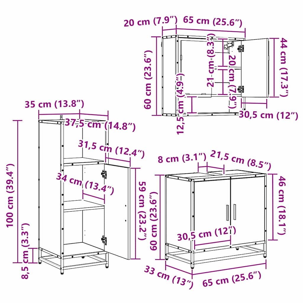 Juego de muebles de baño 3 pcs Roble Negro Madera contrachapada