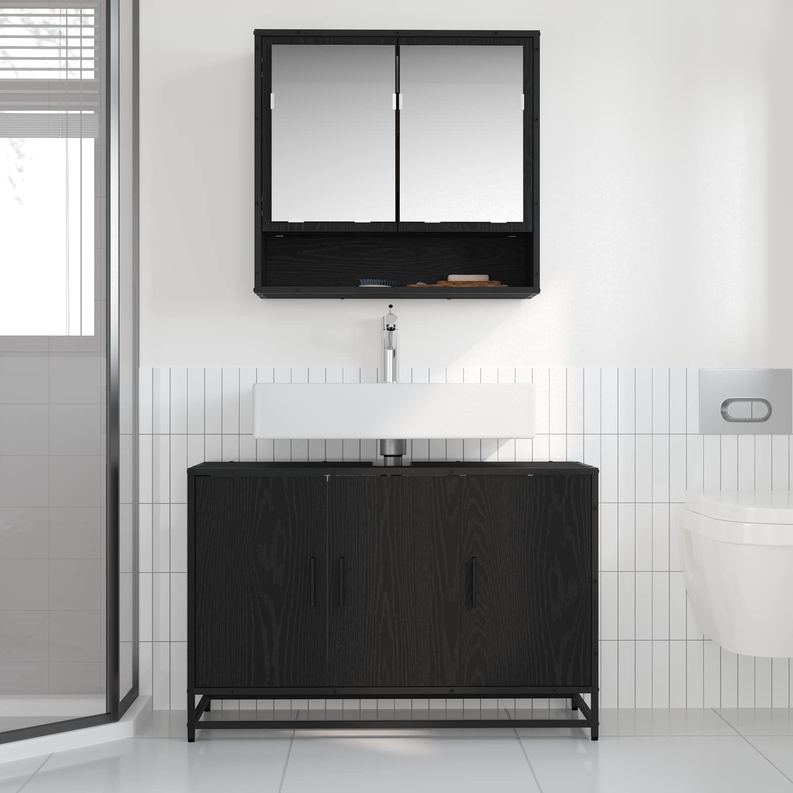 Juego de muebles de baño 2 pcs Roble Negro Madera contrachapada