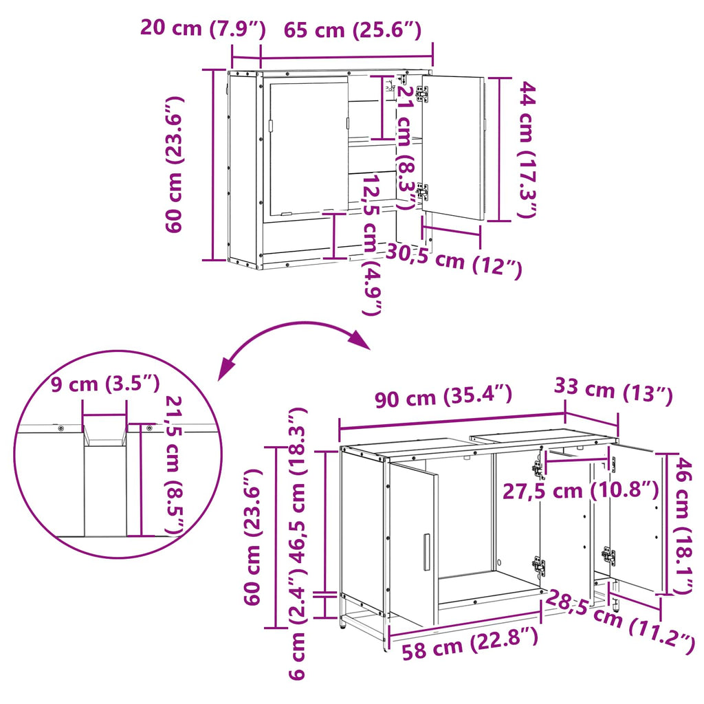 Juego de muebles de baño 2 pcs Roble Negro Madera contrachapada