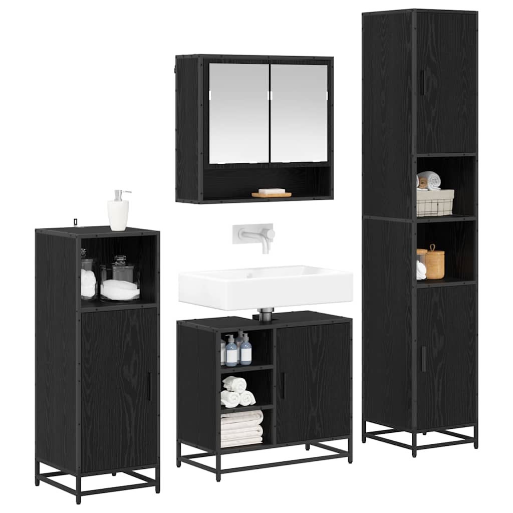 Juego de muebles de baño 4 pcs Roble Negro Madera de ingeniería