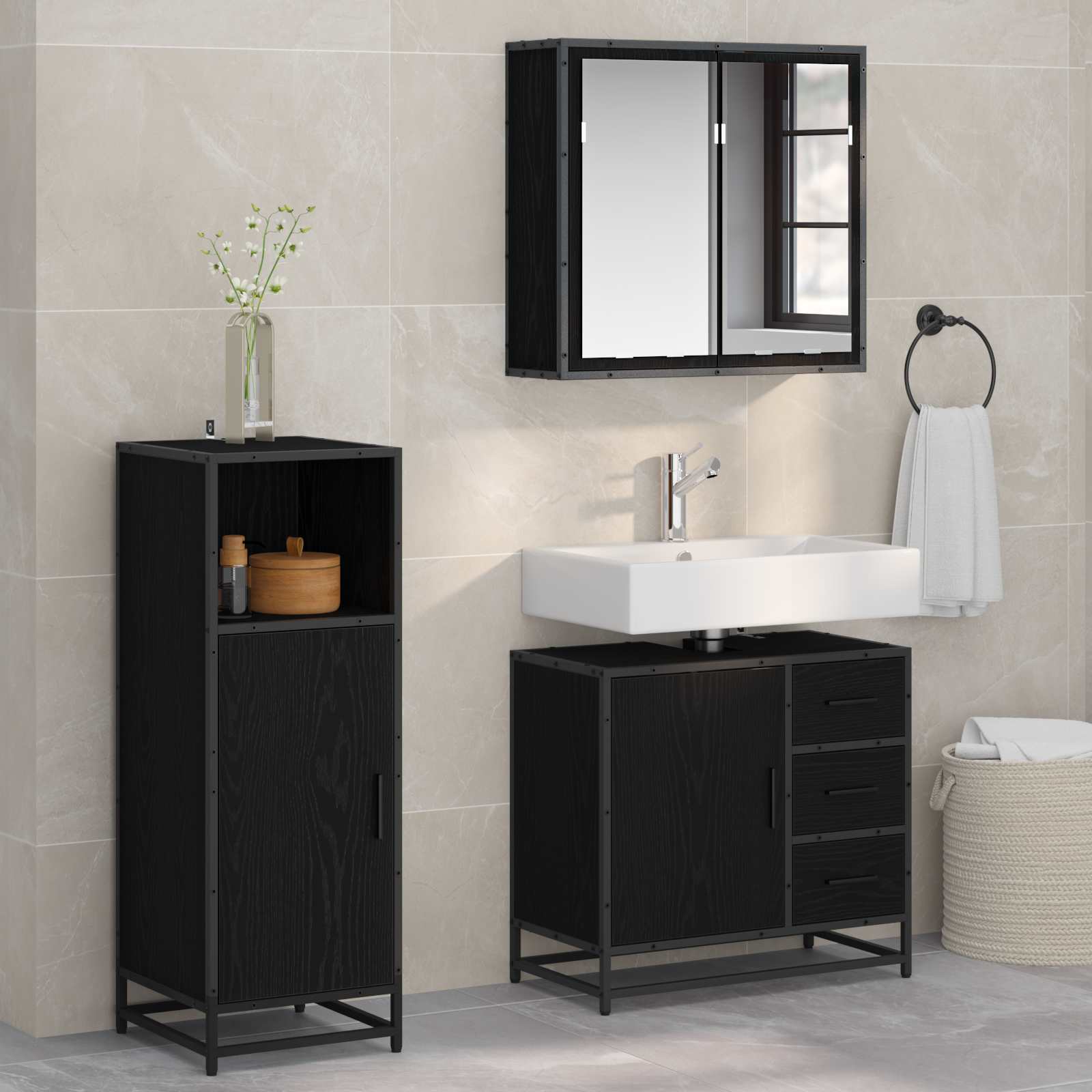 Conjunto de móveis de casa de banho 3 pcs Carvalho Preto Aglomerado