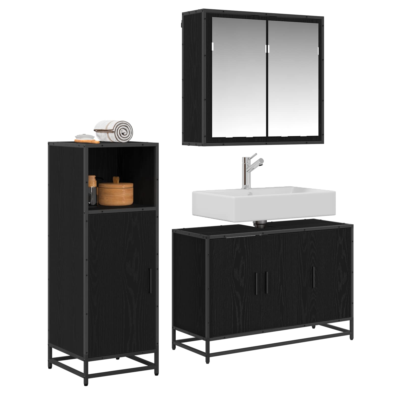 Juego de muebles de baño 3 pcs Roble Negro Madera de ingeniería