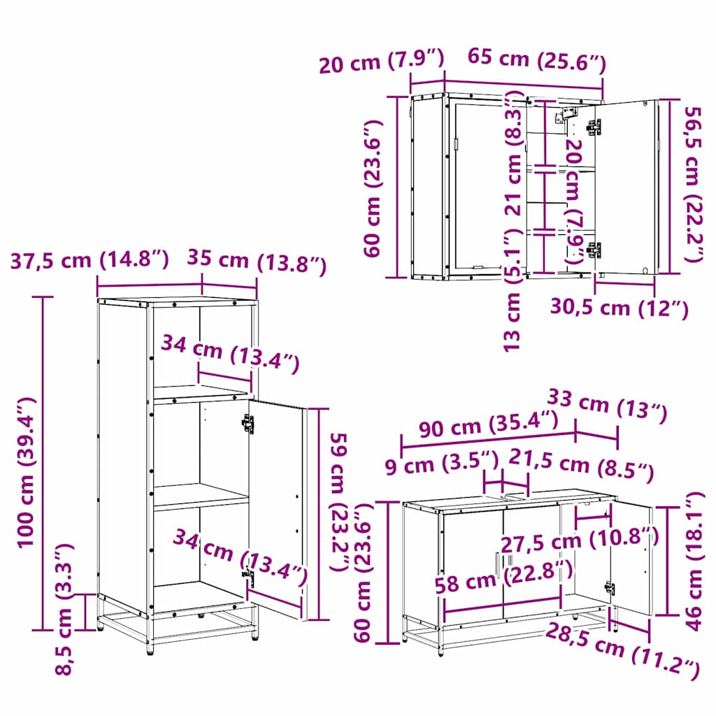 Juego de muebles de baño 3 pcs Roble Negro Madera de ingeniería
