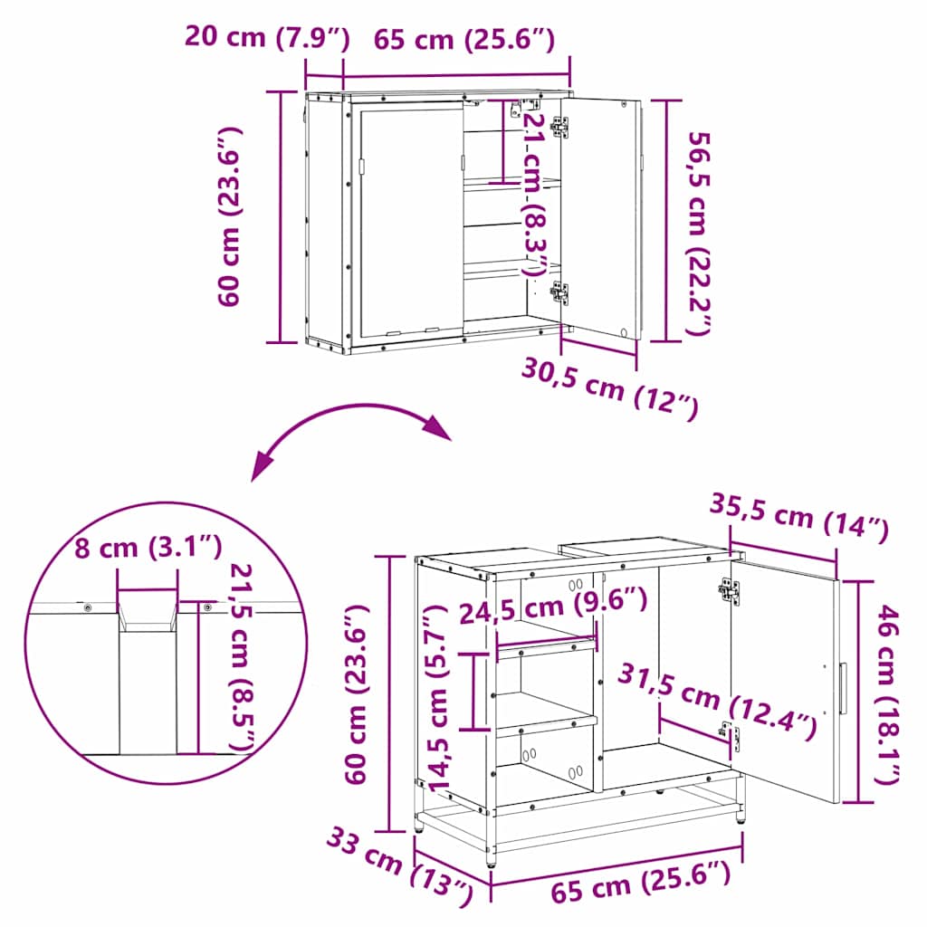 Juego de muebles de baño 2 pcs Roble Negro Madera de ingeniería