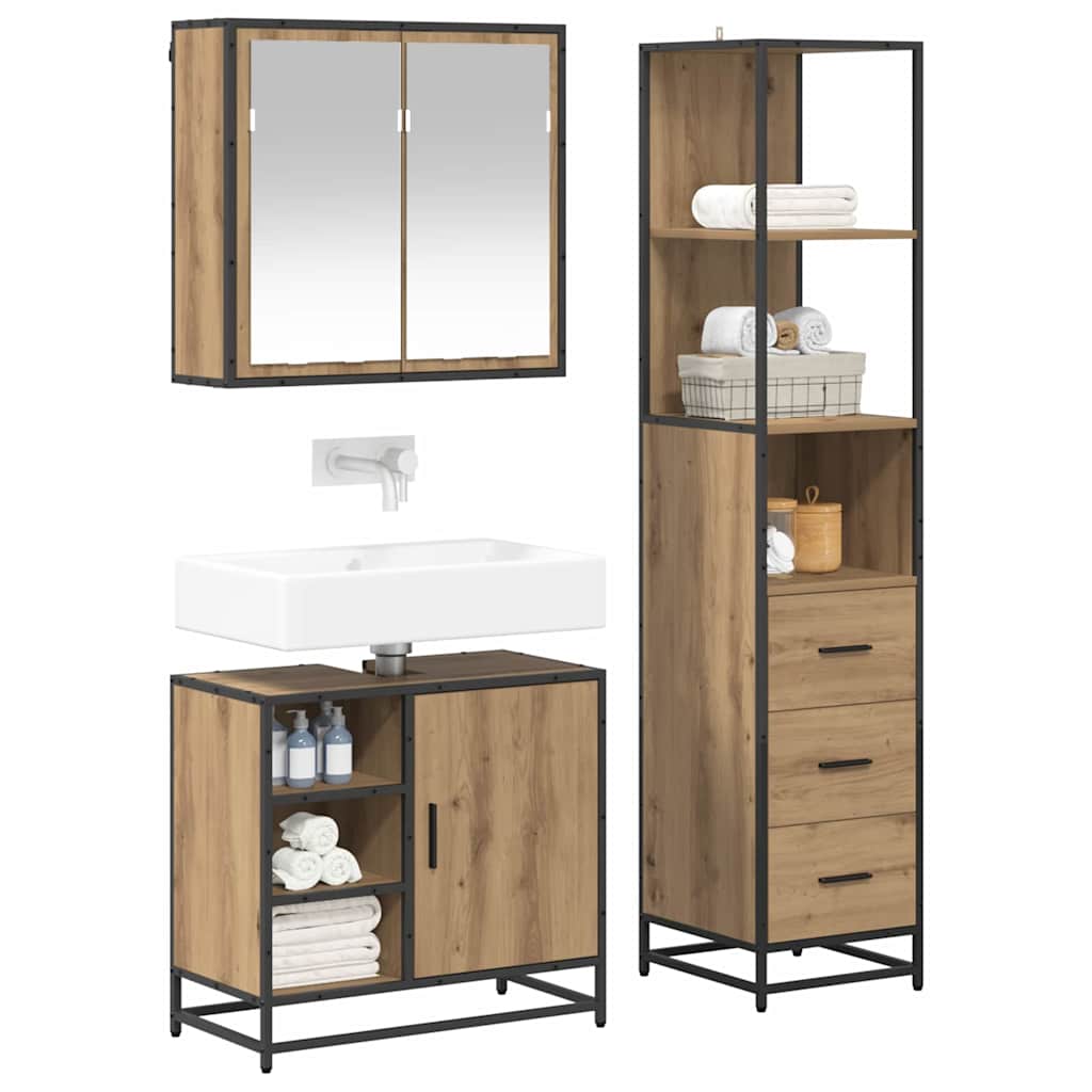 Juego de muebles de baño con cajón 3 pcs Roble artesanal