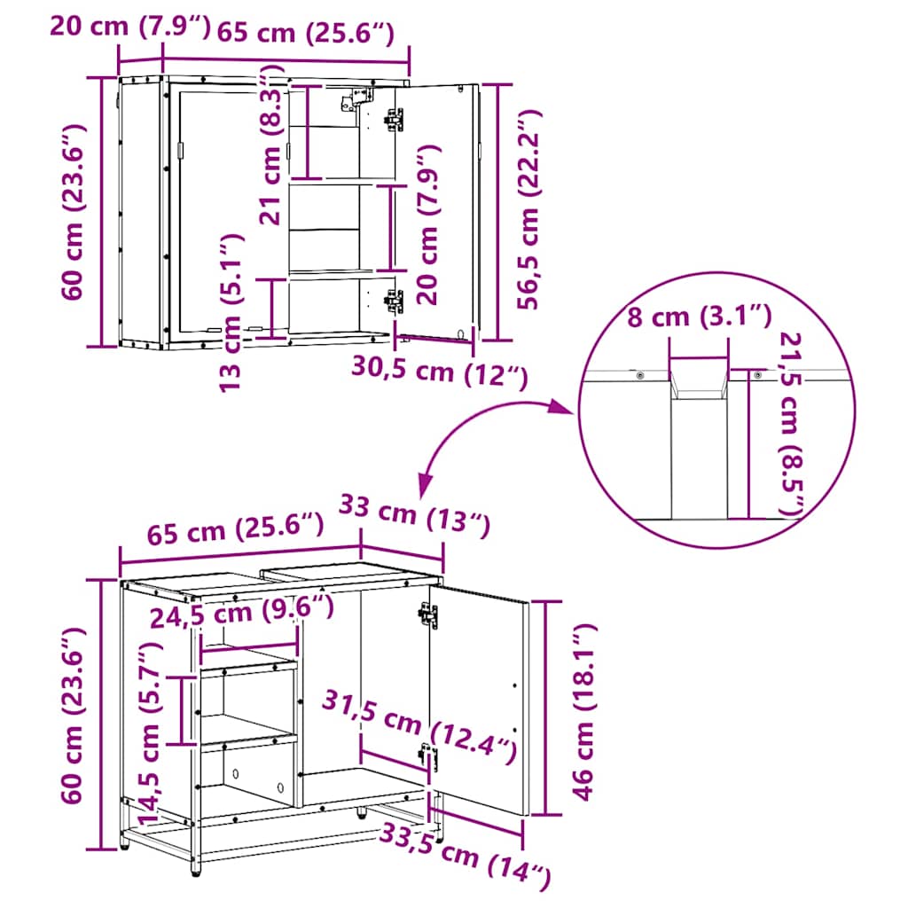 Juego de muebles de baño 3 pcs Roble Negro Madera de ingeniería