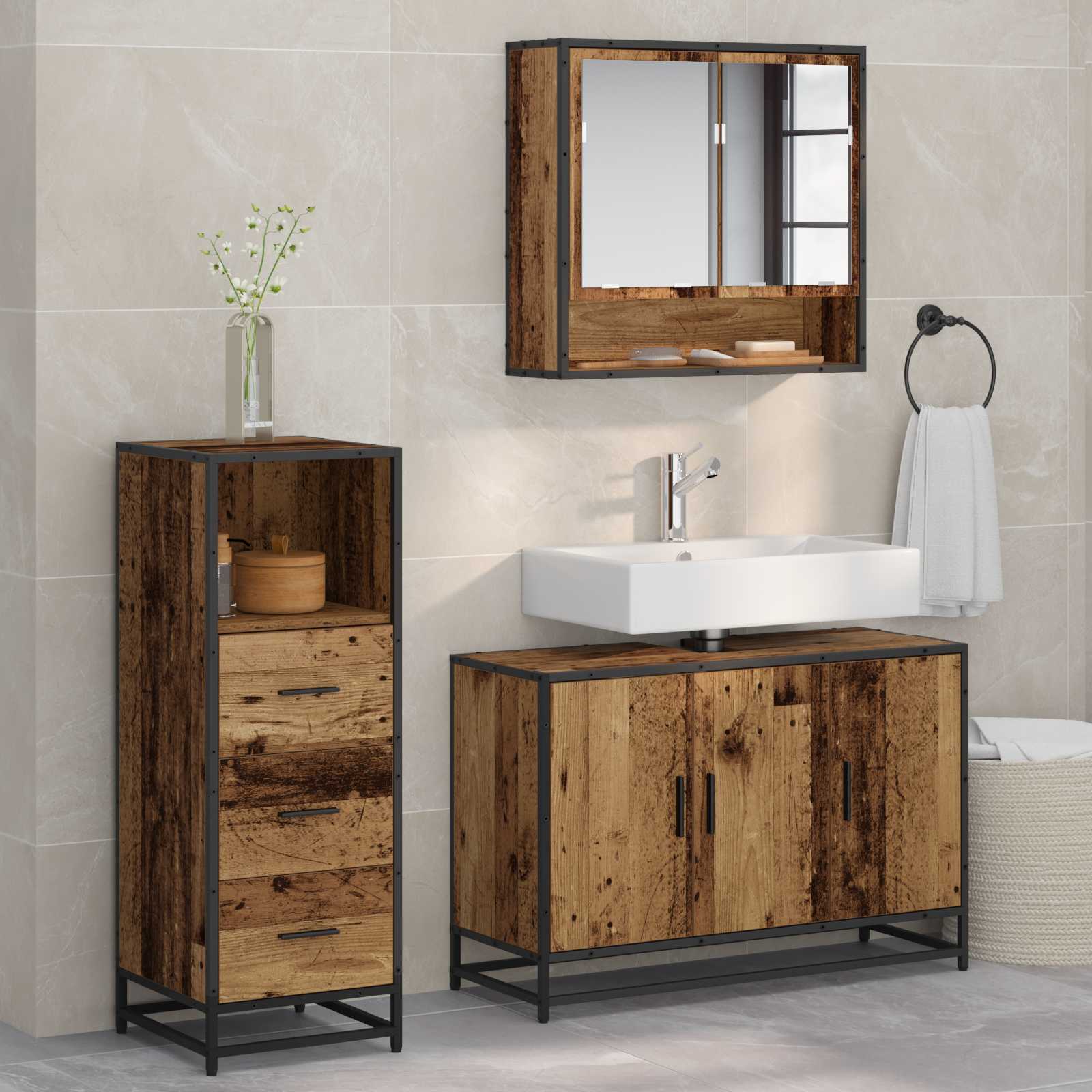Conjunto de móveis de casa de banho 3 pcs Carvalho Preto Madeira projetada