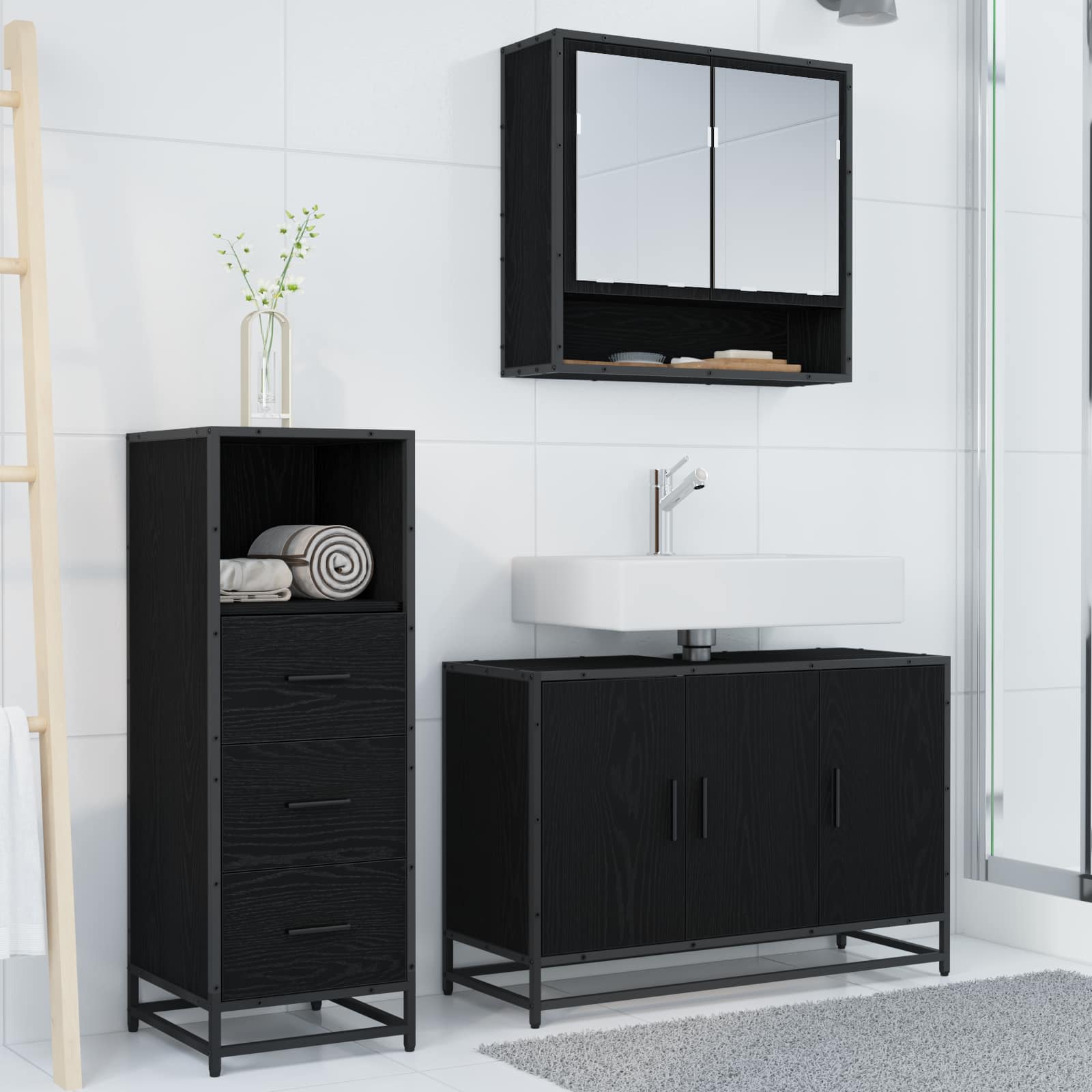Juego de muebles de baño 3 pcs Roble Negro Madera de ingeniería