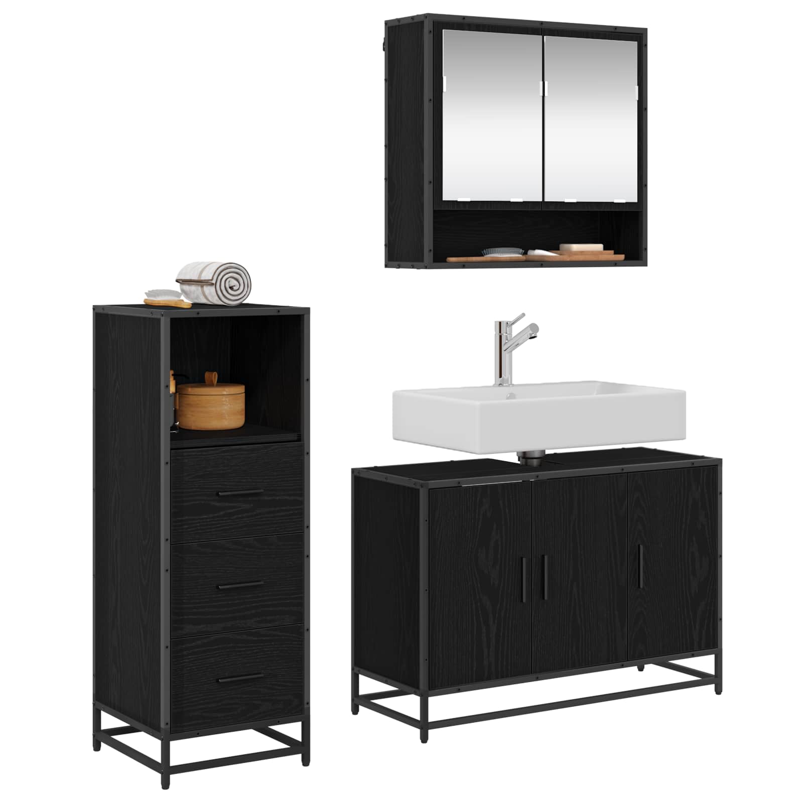 Juego de muebles de baño 3 pcs Roble Negro Madera de ingeniería