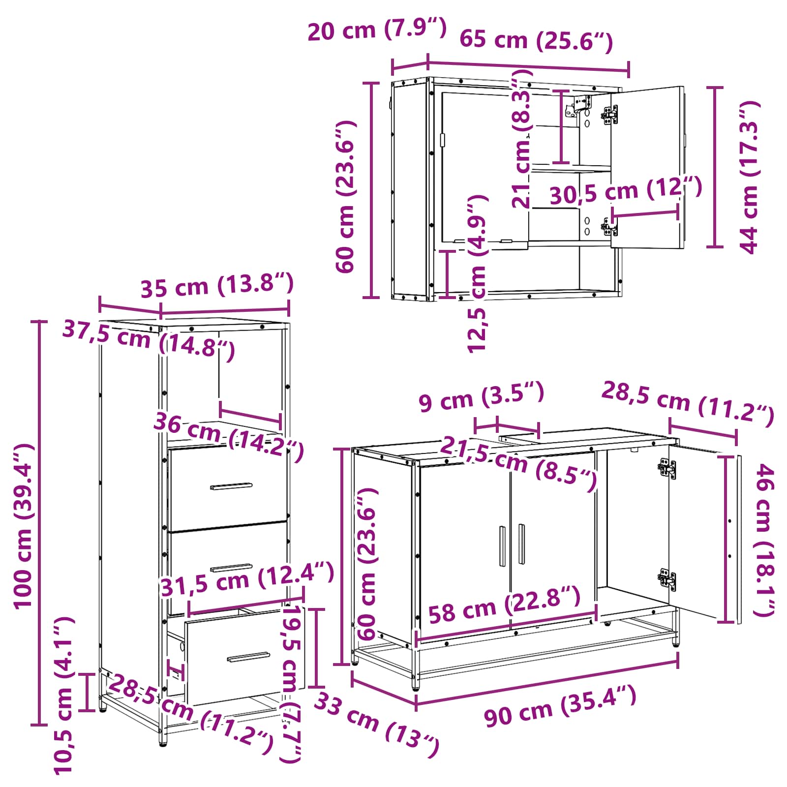 Juego de muebles de baño 3 pcs Roble Negro Madera de ingeniería