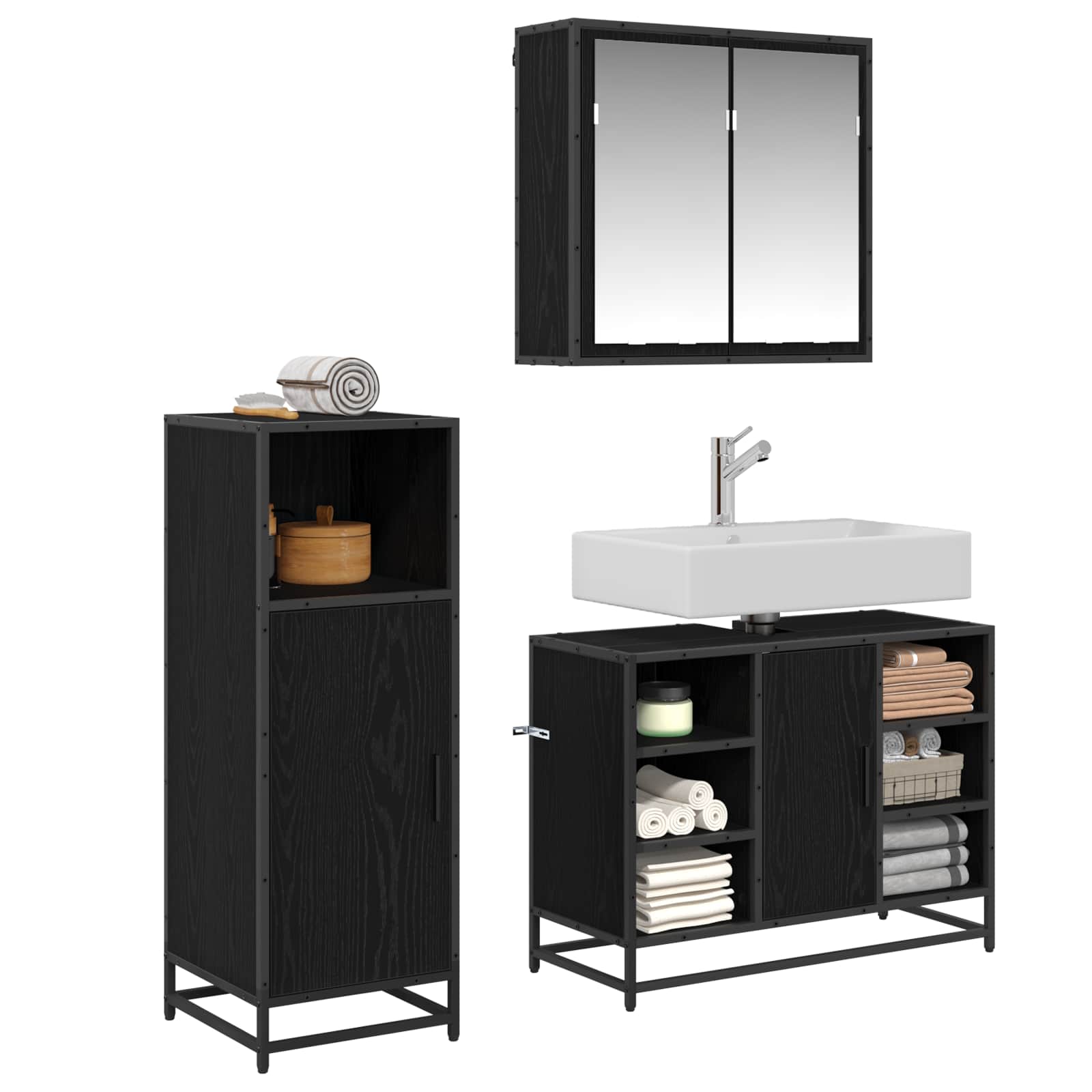 Juego de muebles de baño 3 pcs Roble Negro Madera de ingeniería