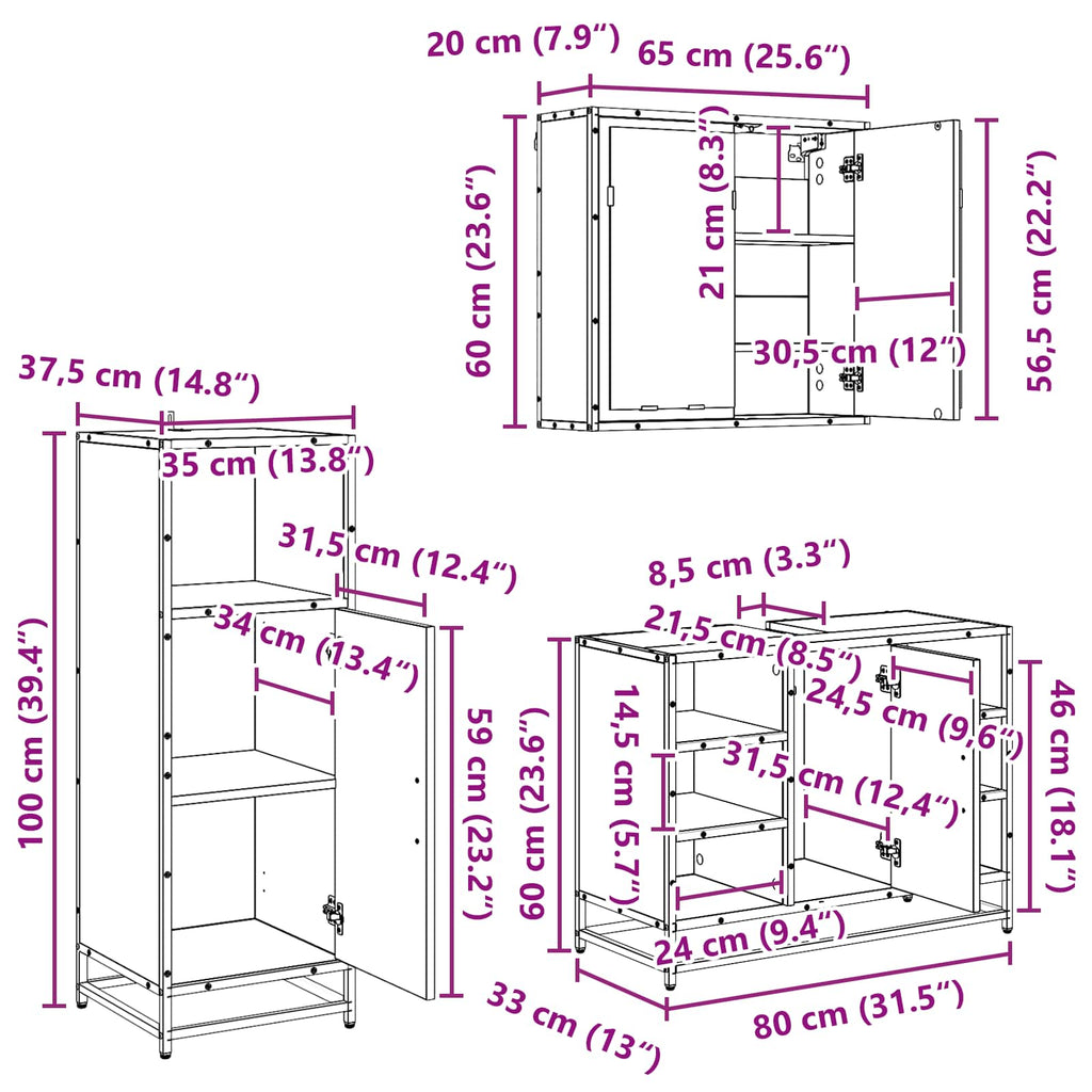 Juego de muebles de baño 3 pcs Roble Negro Madera de ingeniería
