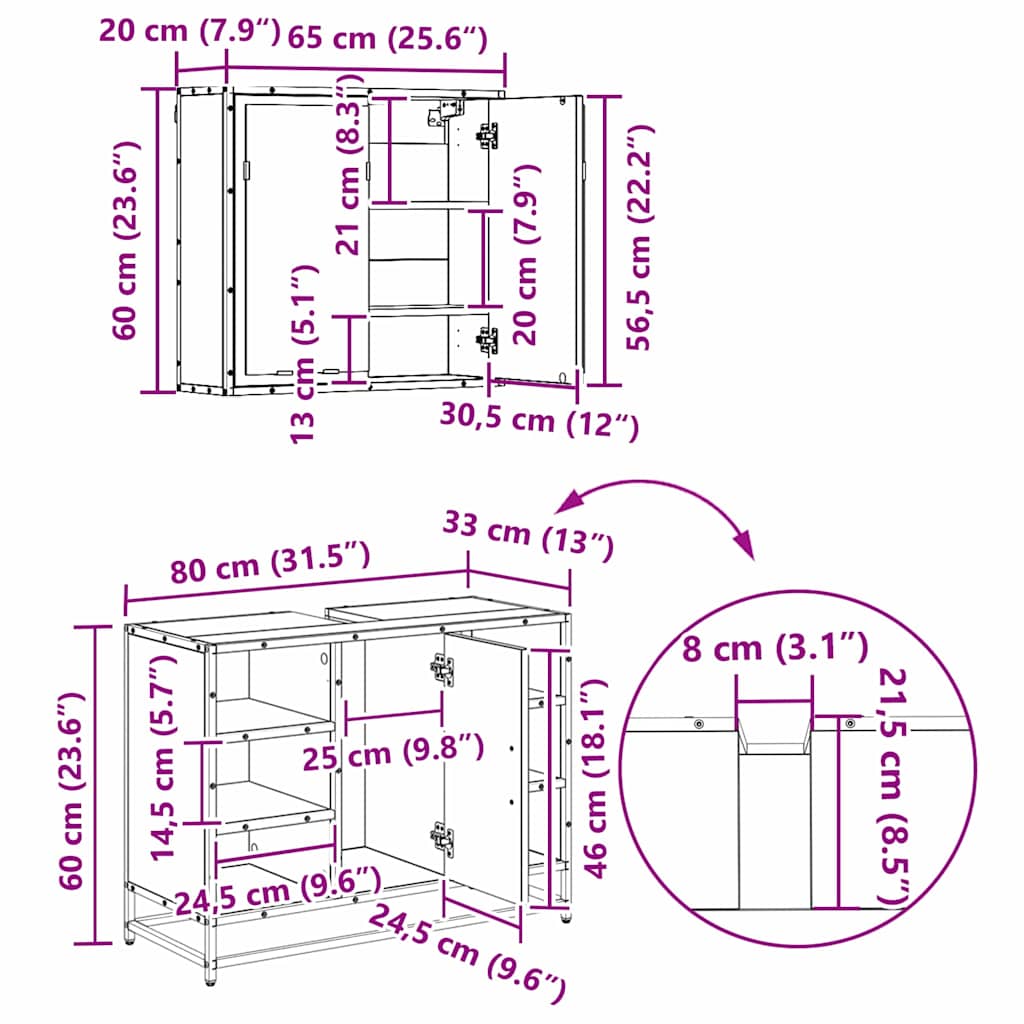 Juego de muebles de baño 3 pcs Roble Negro Madera de ingeniería