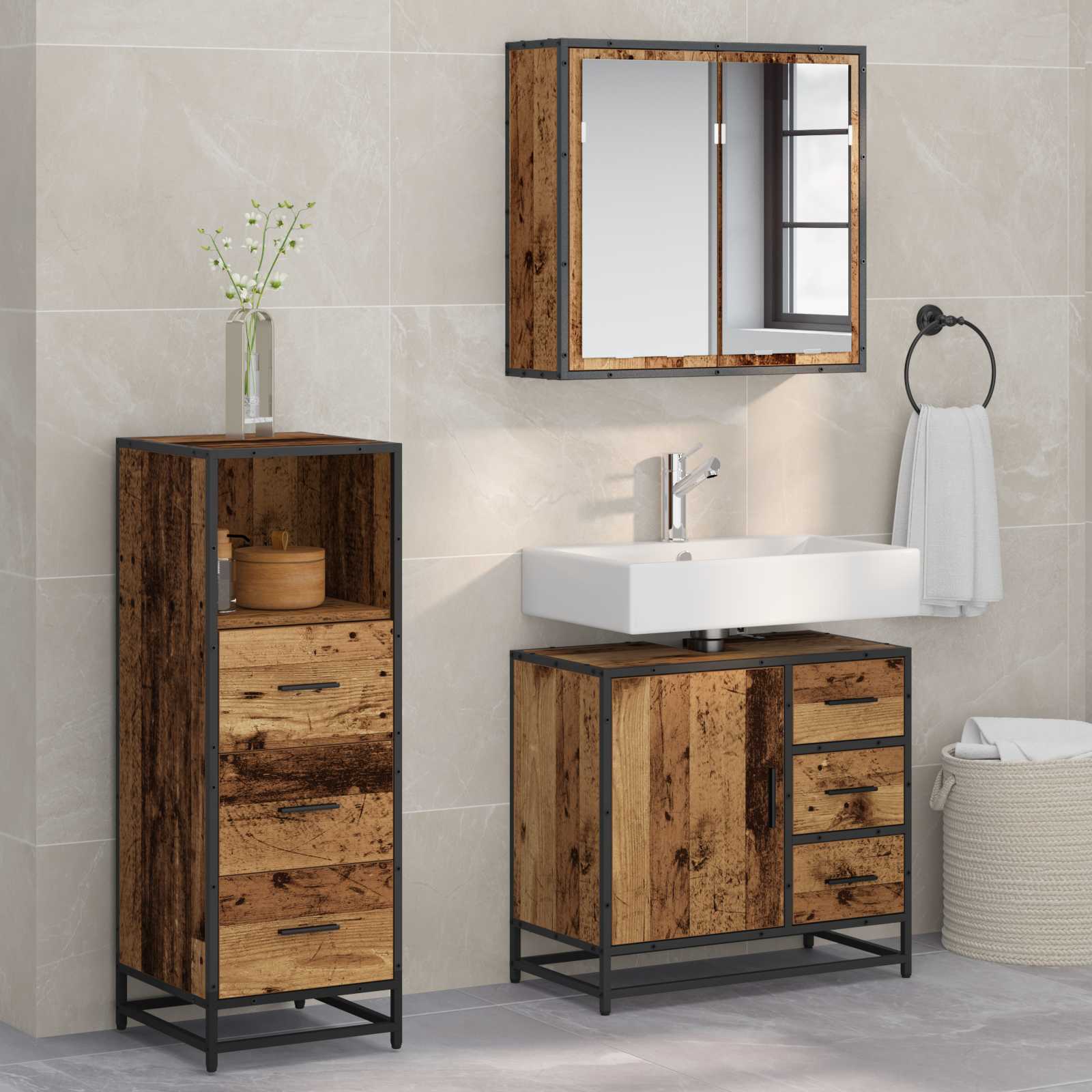 Conjunto de móveis de casa de banho 4 pcs Carvalho Preto Madeira composta