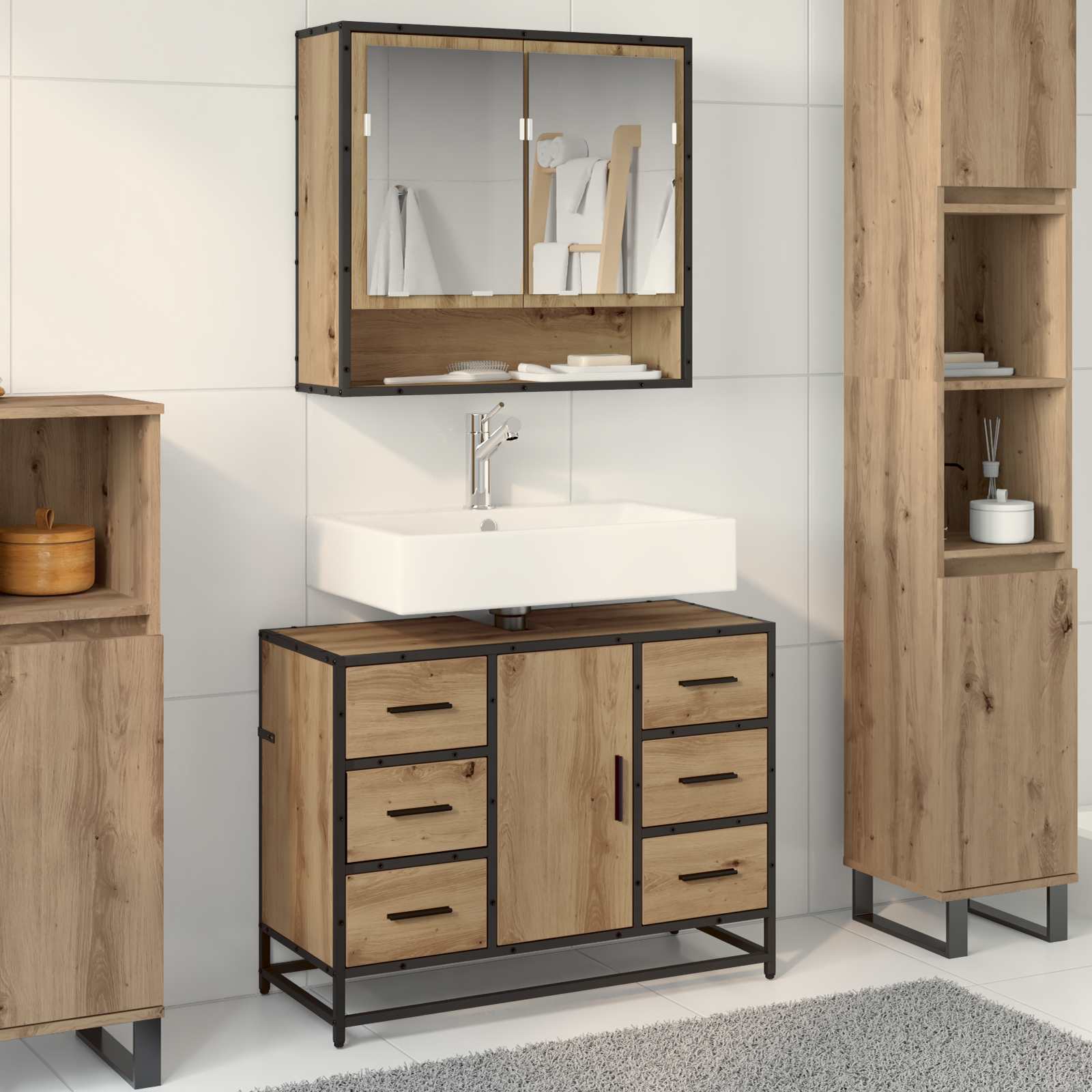 Juego de muebles de baño con cajón 2 pcs Roble artesanal