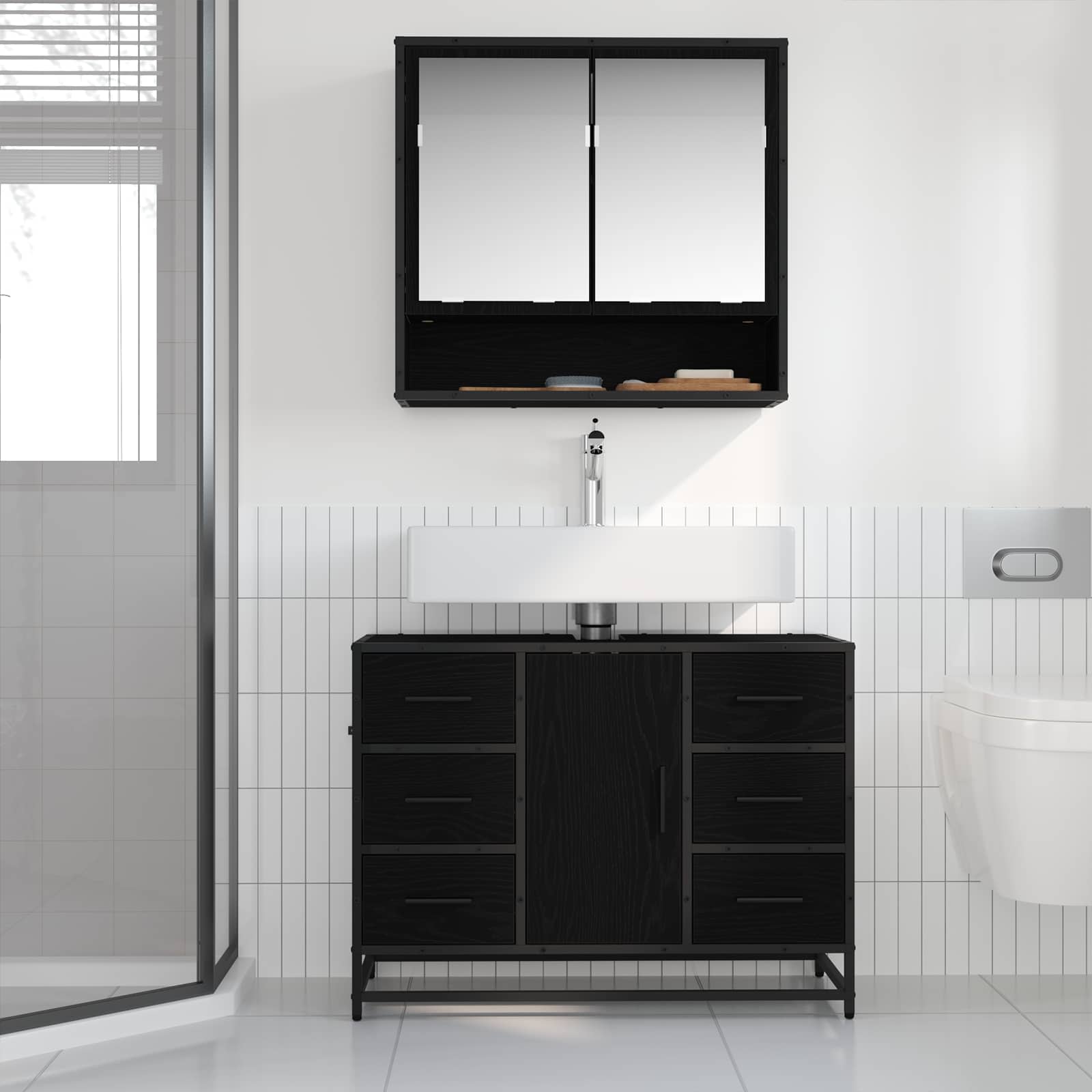 Juego de muebles de baño 2 pcs Roble Negro Madera de ingeniería