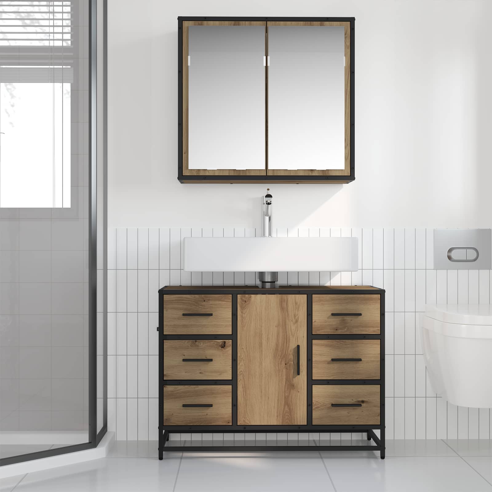 Juego de muebles de baño con cajón 2 pcs Roble artesanal