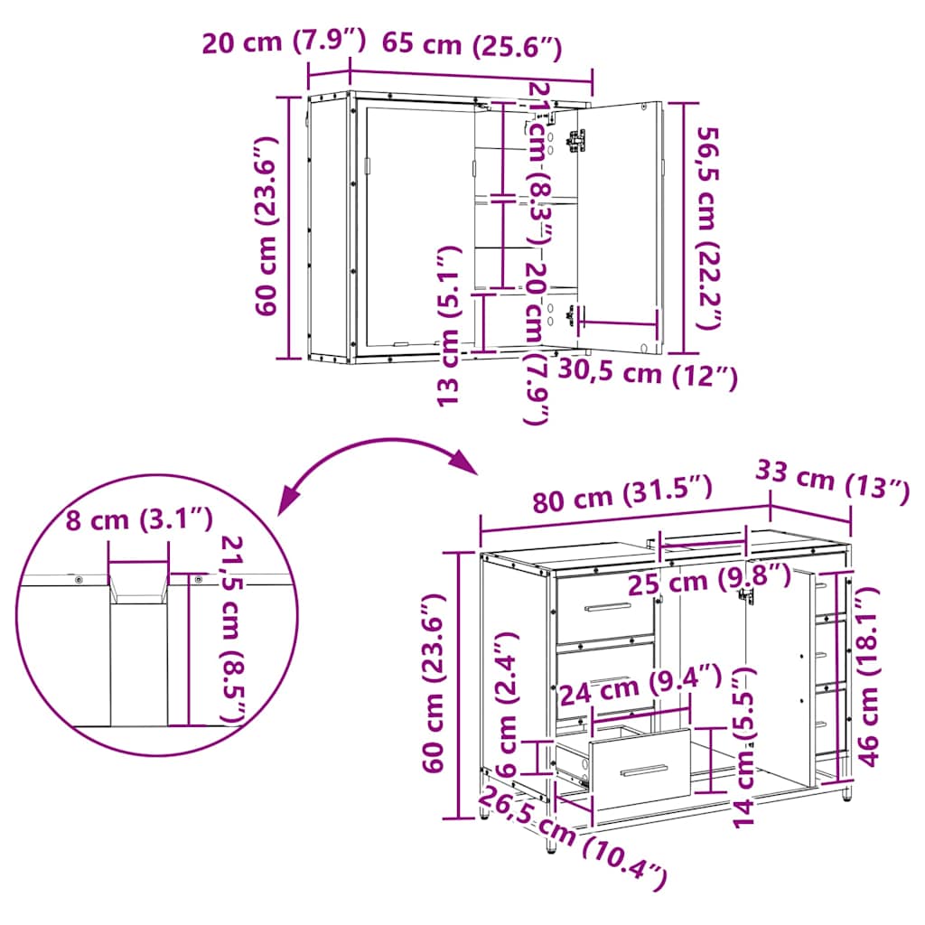 Juego de muebles de baño con cajón 2 pcs Roble artesanal
