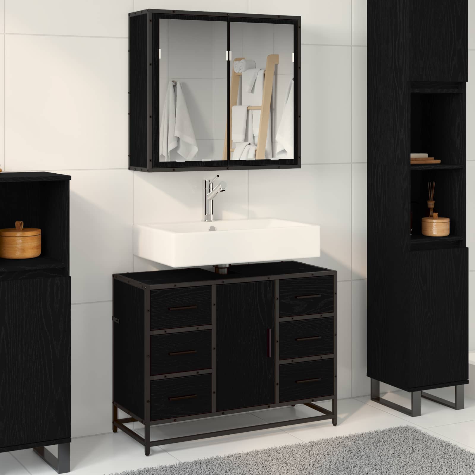 Juego de muebles de baño 2 pcs Roble Negro Madera de ingeniería