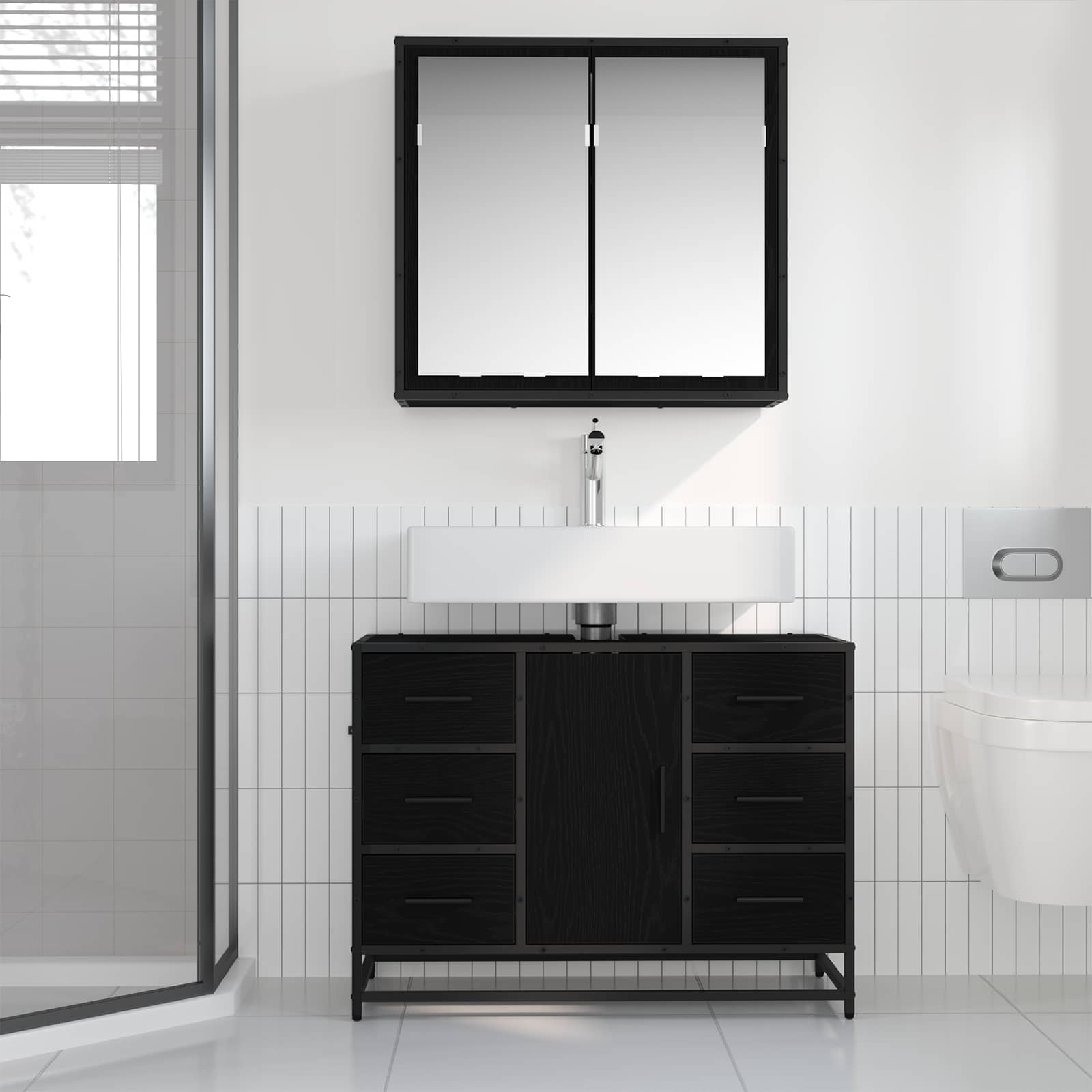 Juego de muebles de baño 2 pcs Roble Negro Madera de ingeniería